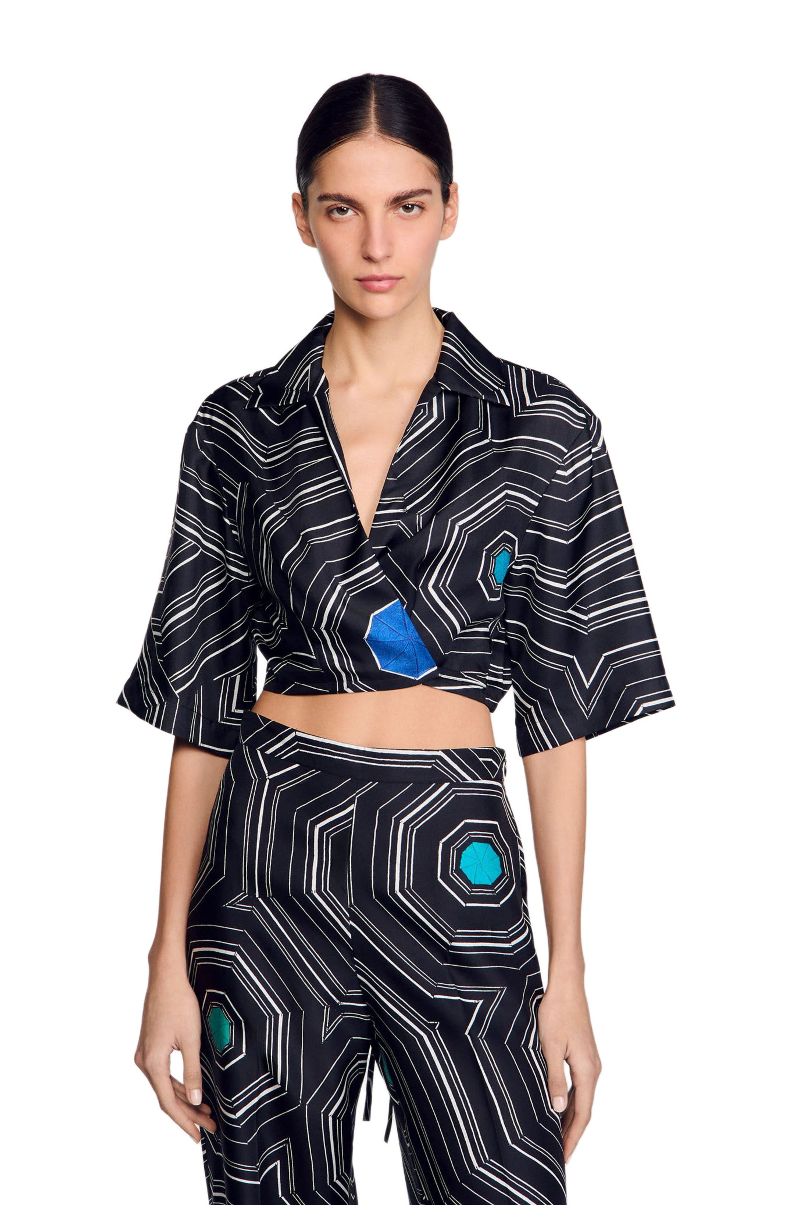 SANDRO Spiral-motif silk shirt in Black at Nordstrom - 3