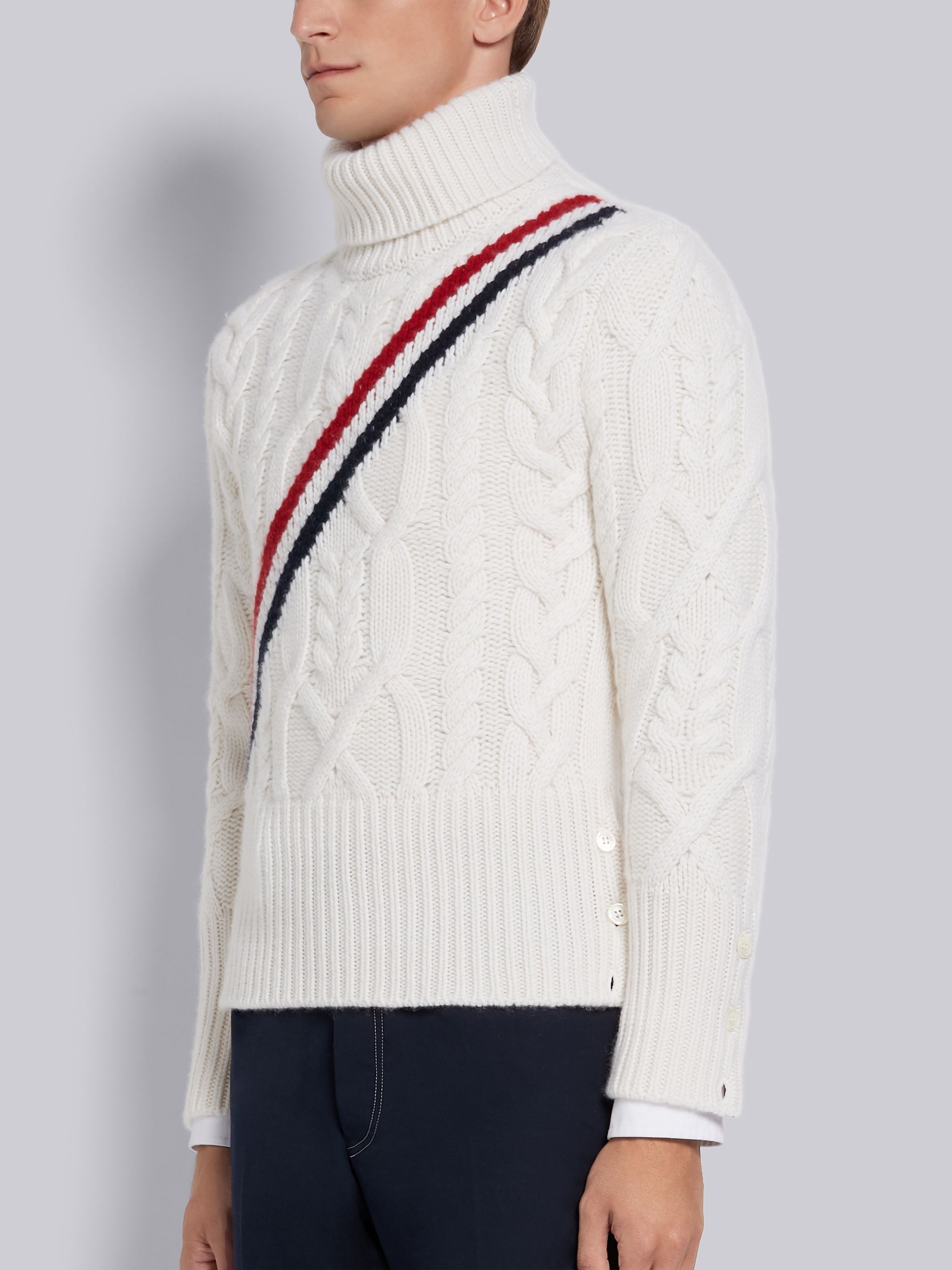 White Cashmere Aran Cable Diagonal Stripe Classic Turtleneck - 2