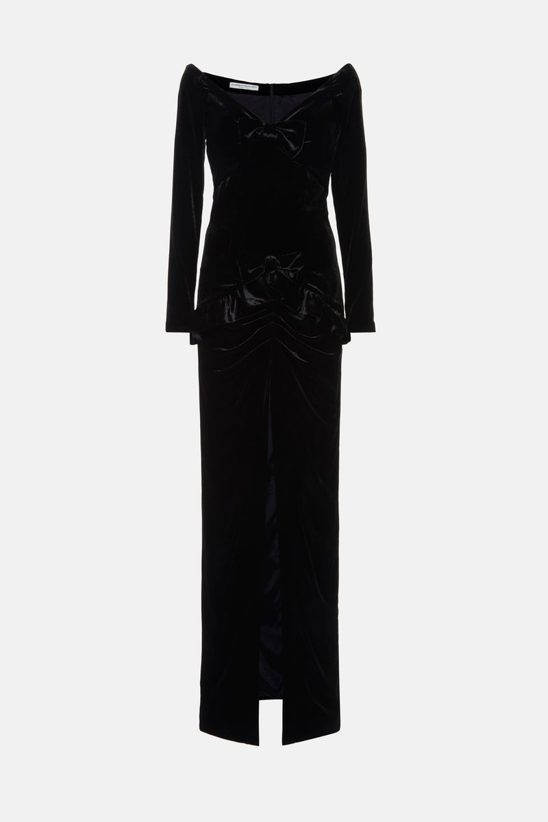VELVET OFF THE SHOULDER GOWN WITH BOWS AND SPLIT - 1