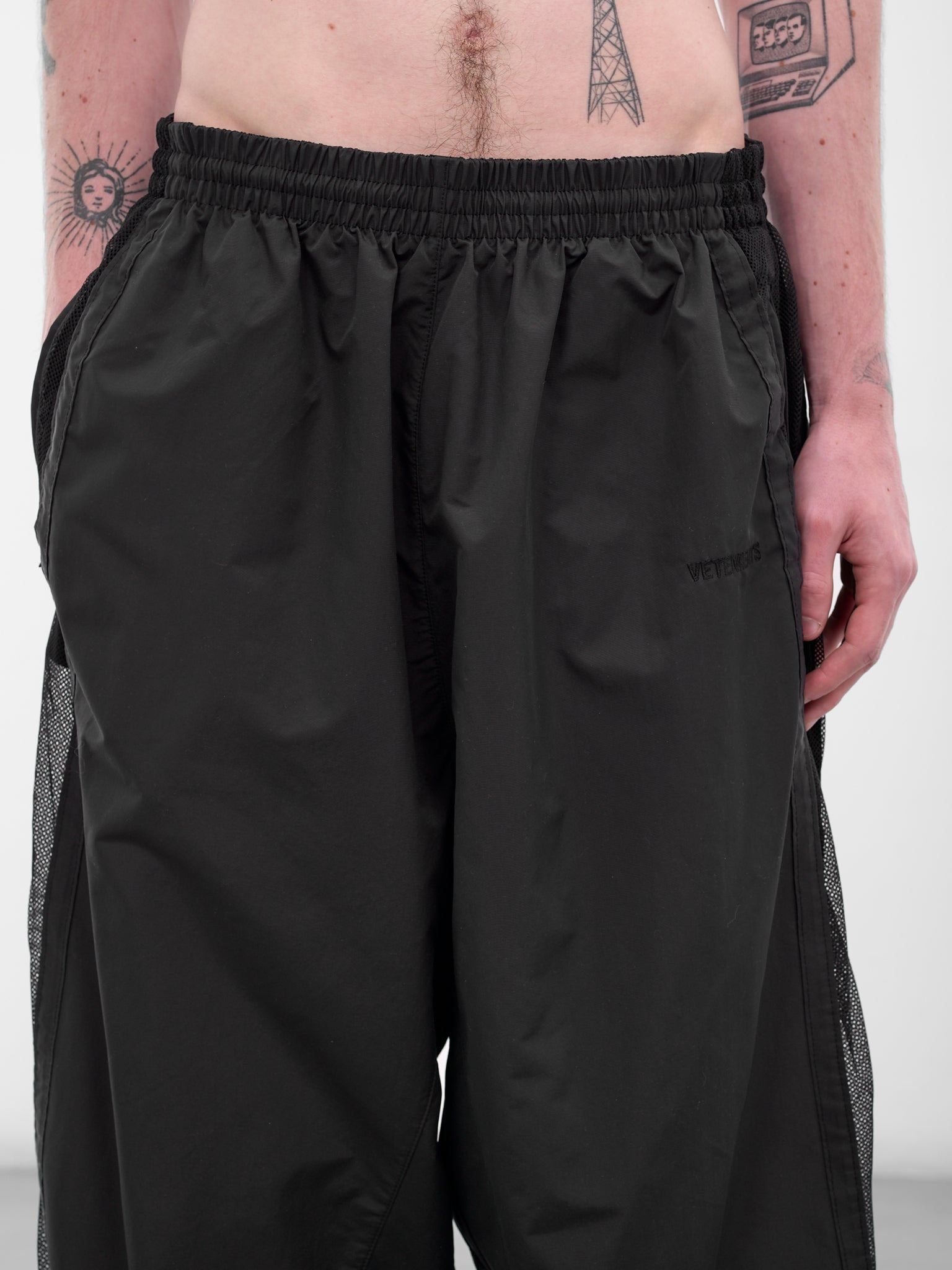 Black Nylon Mesh Panel Sweatpants - 4