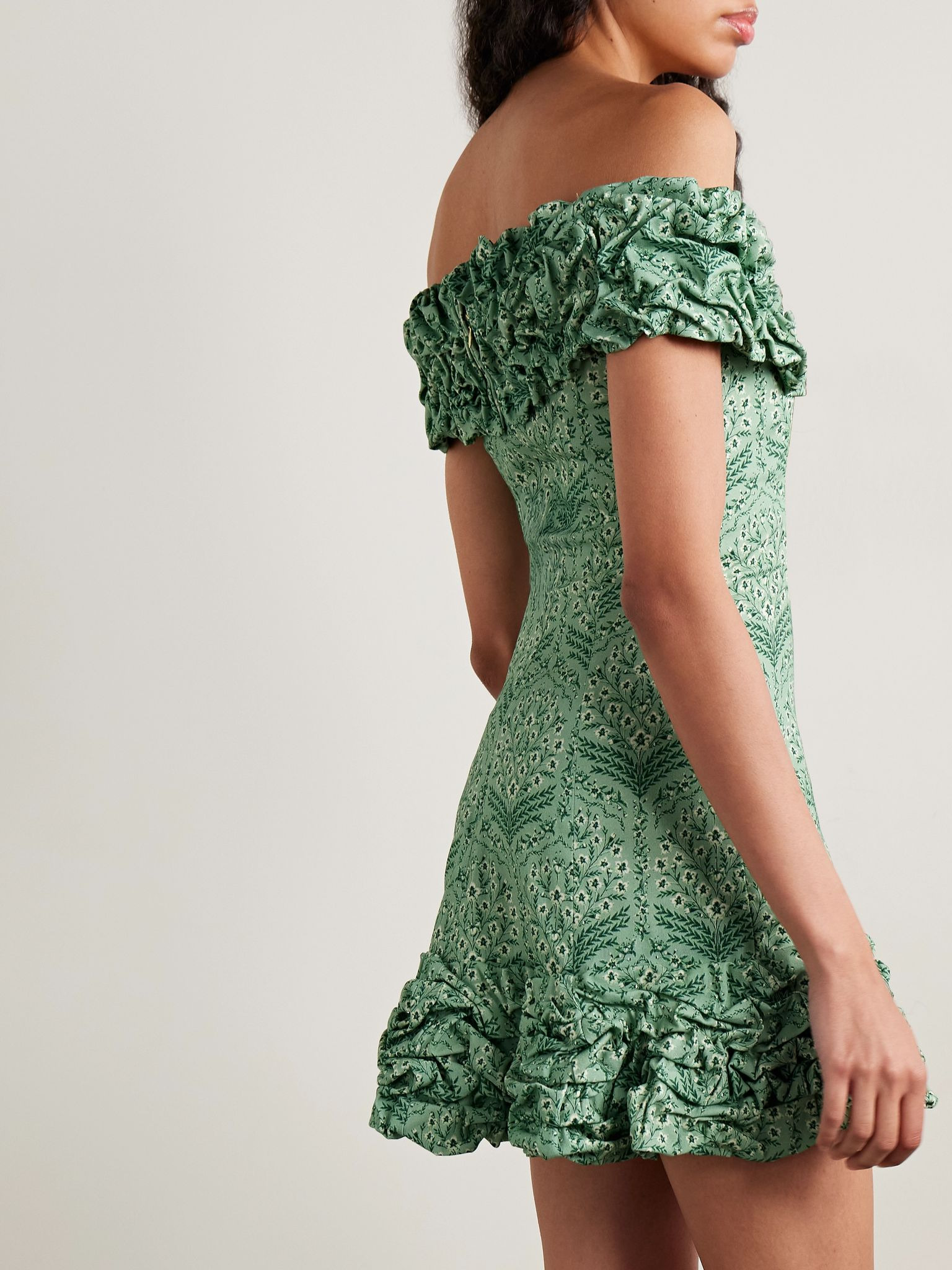 Jardín off-the-shoulder ruffled floral-print cotton-blend mini dress Sage green - 3