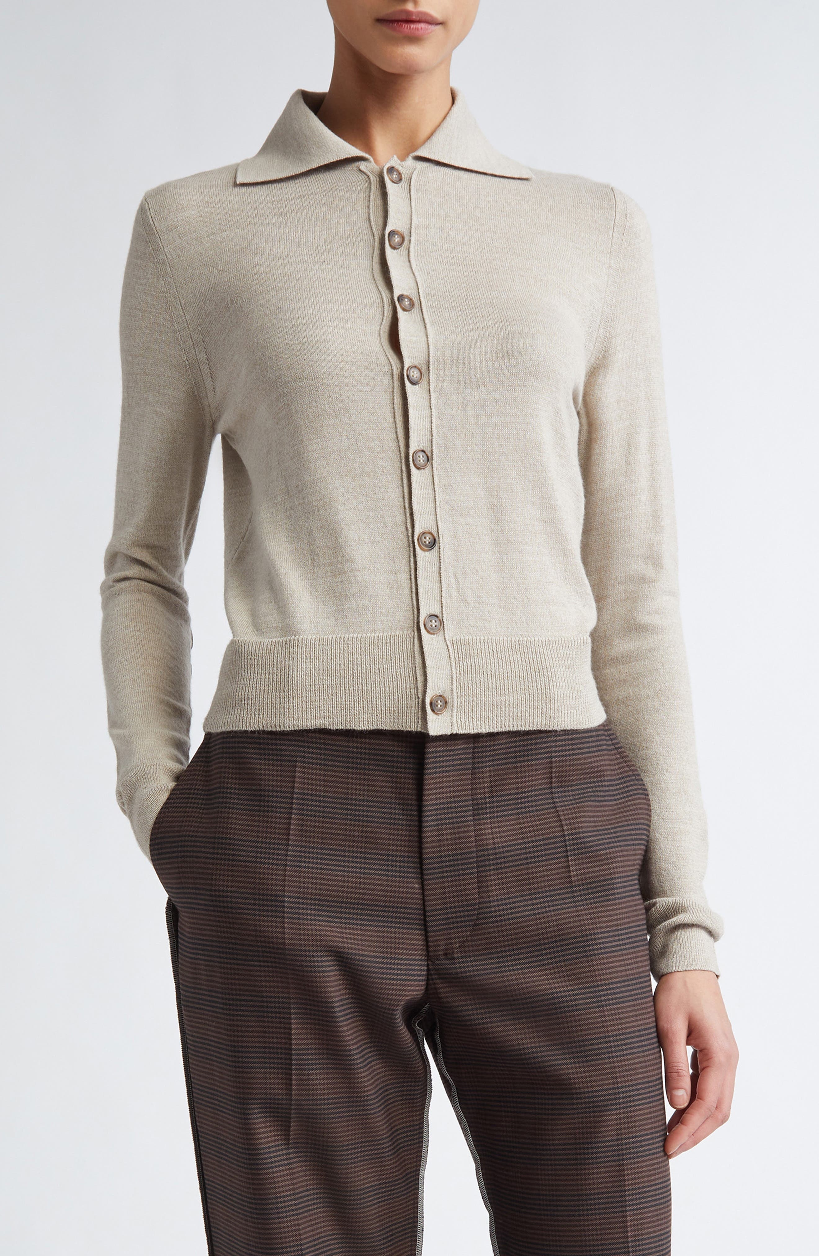 MM6 Maison Margiela Virgin Wool Blend Cardigan with Leather Elbow Patches in Beige Melange at Nordst - 1