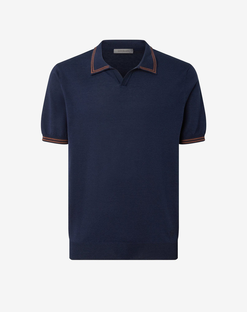 Blue/burned earth silk and cotton polo shirt 1