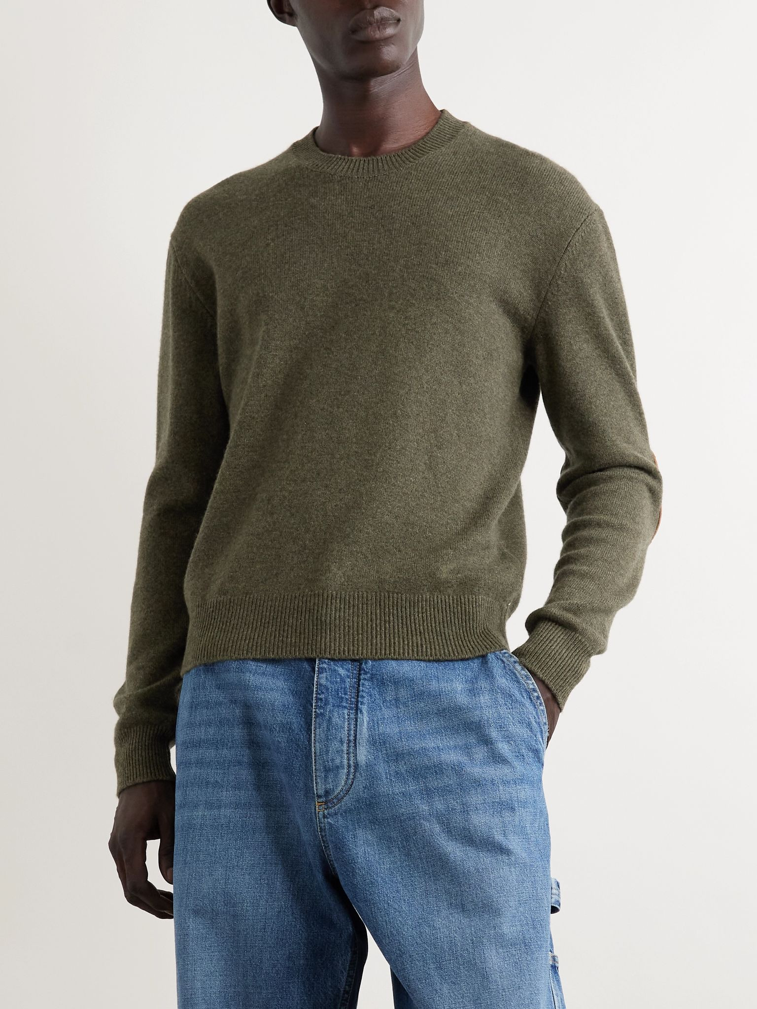 Intrecciato Suede-Trimmed Cashmere-Blend Sweater Green - 3