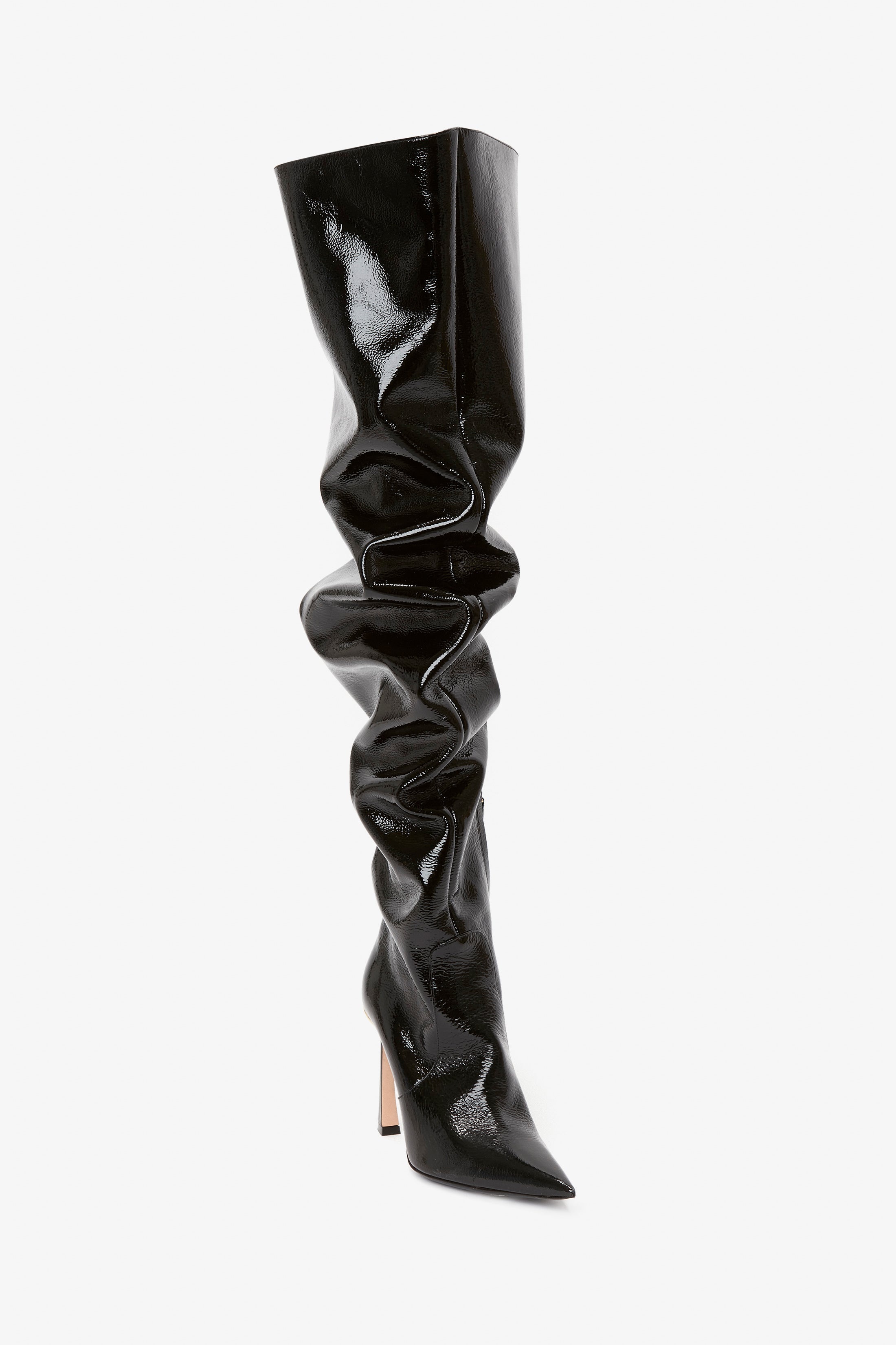 Thigh High Pointy Boot in Black Patent - 2