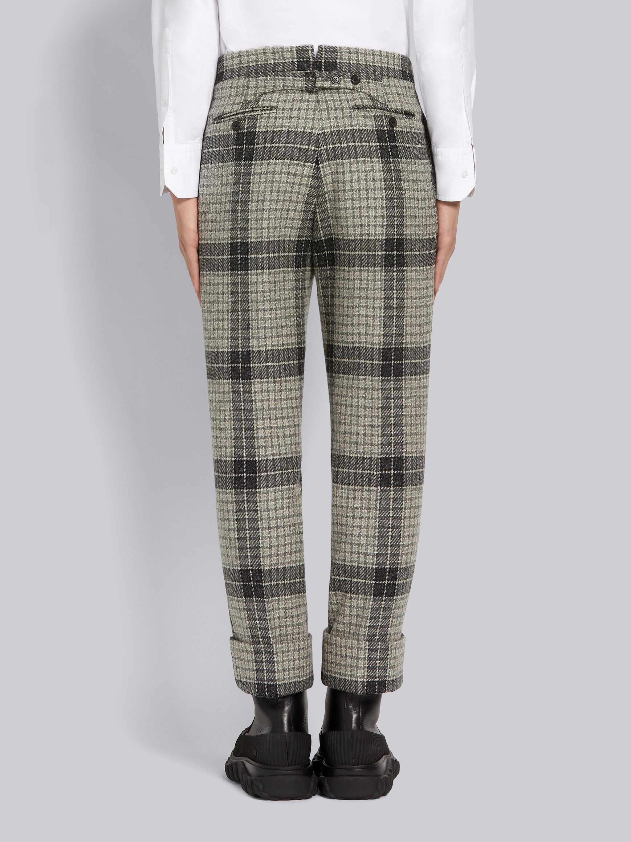 Medium Grey Grid Windowpane Check British Wool Classic Backstrap Trouser - 3