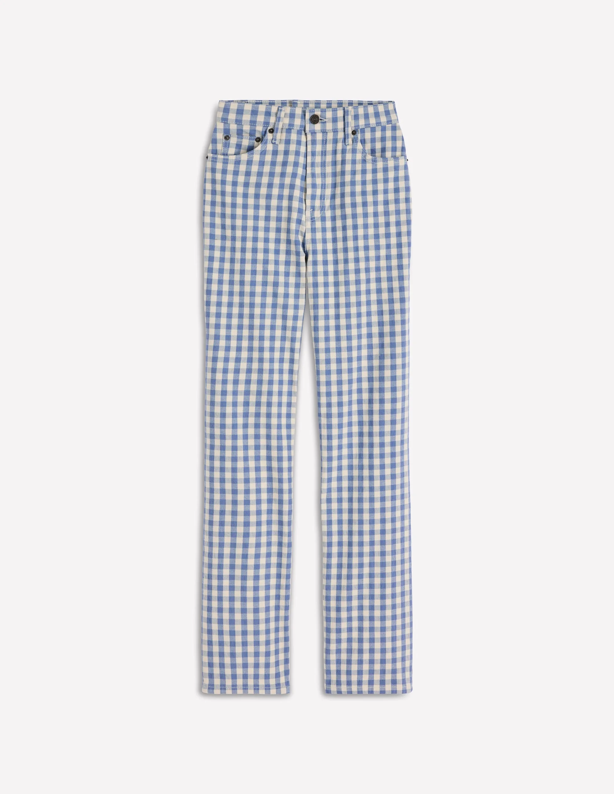 High Rise Straight Jeans-Blue Gingham - 1