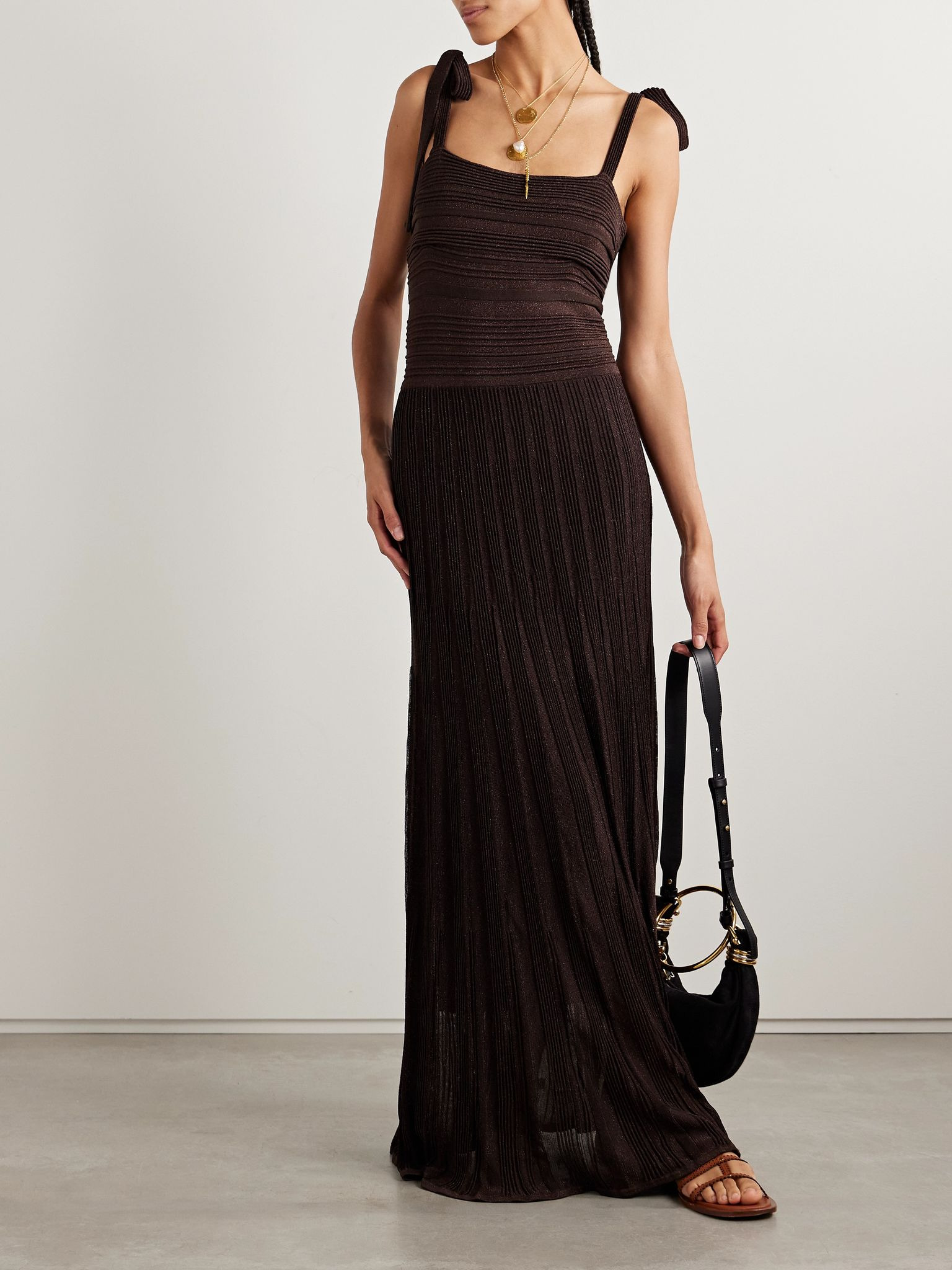 Lucky metallic ribbed stretch-knit maxi dress Chocolate - 2