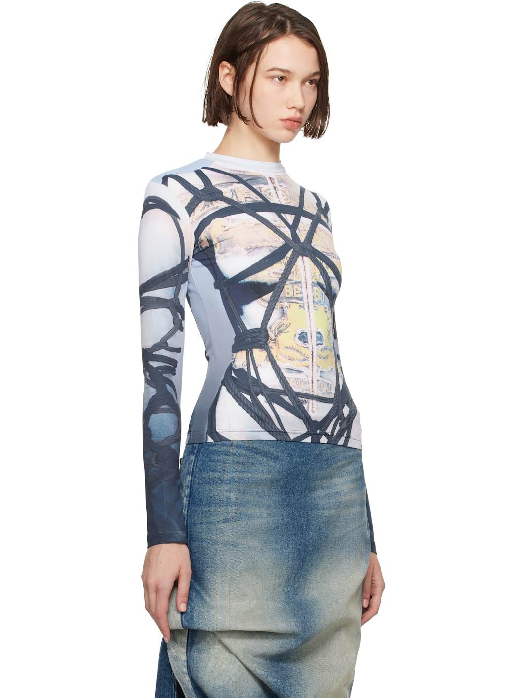 Blue Bondage Print Long Sleeve Fitted T-shirt - 2