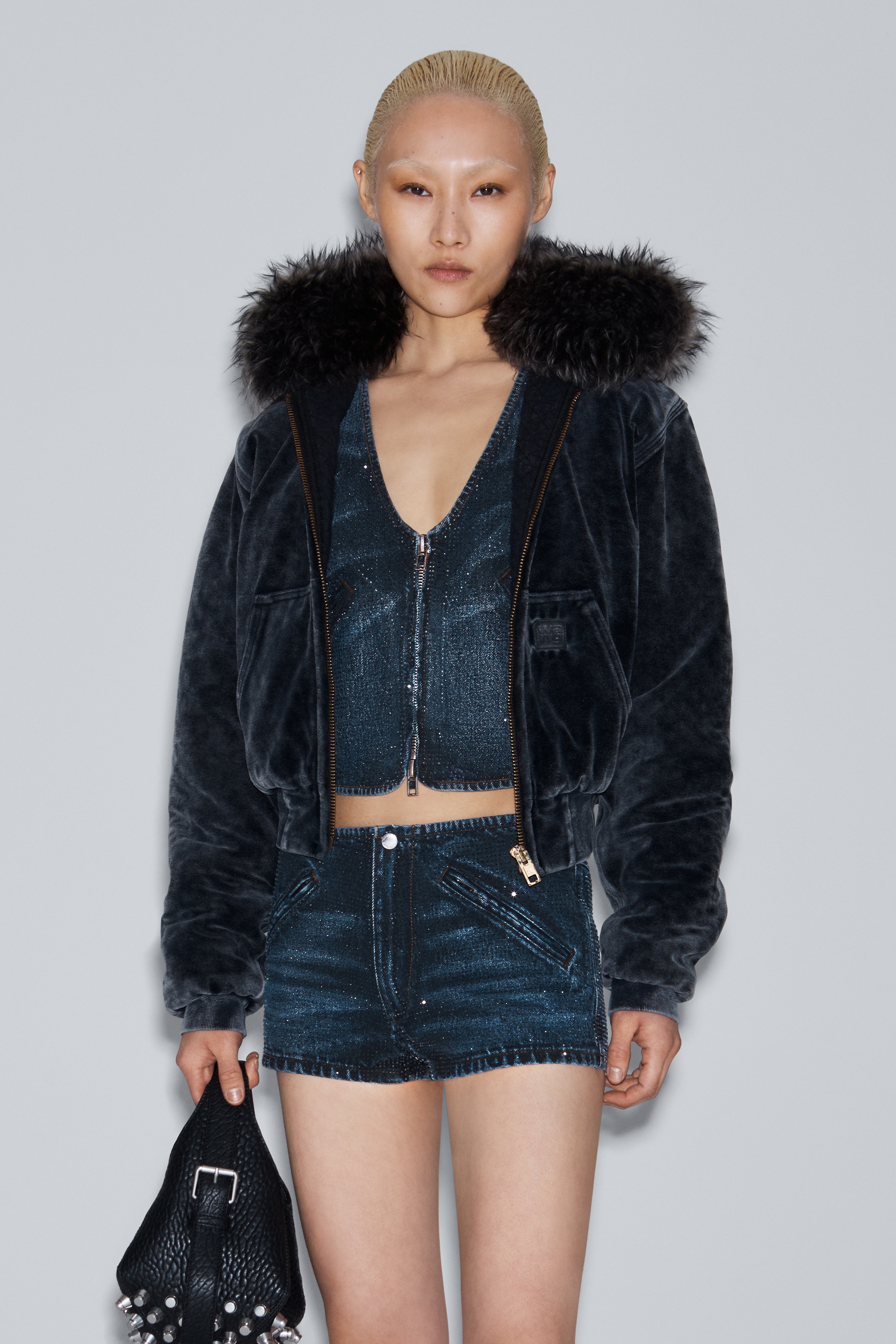 clear crystal hotfix moto micro short in cotton denim - 7