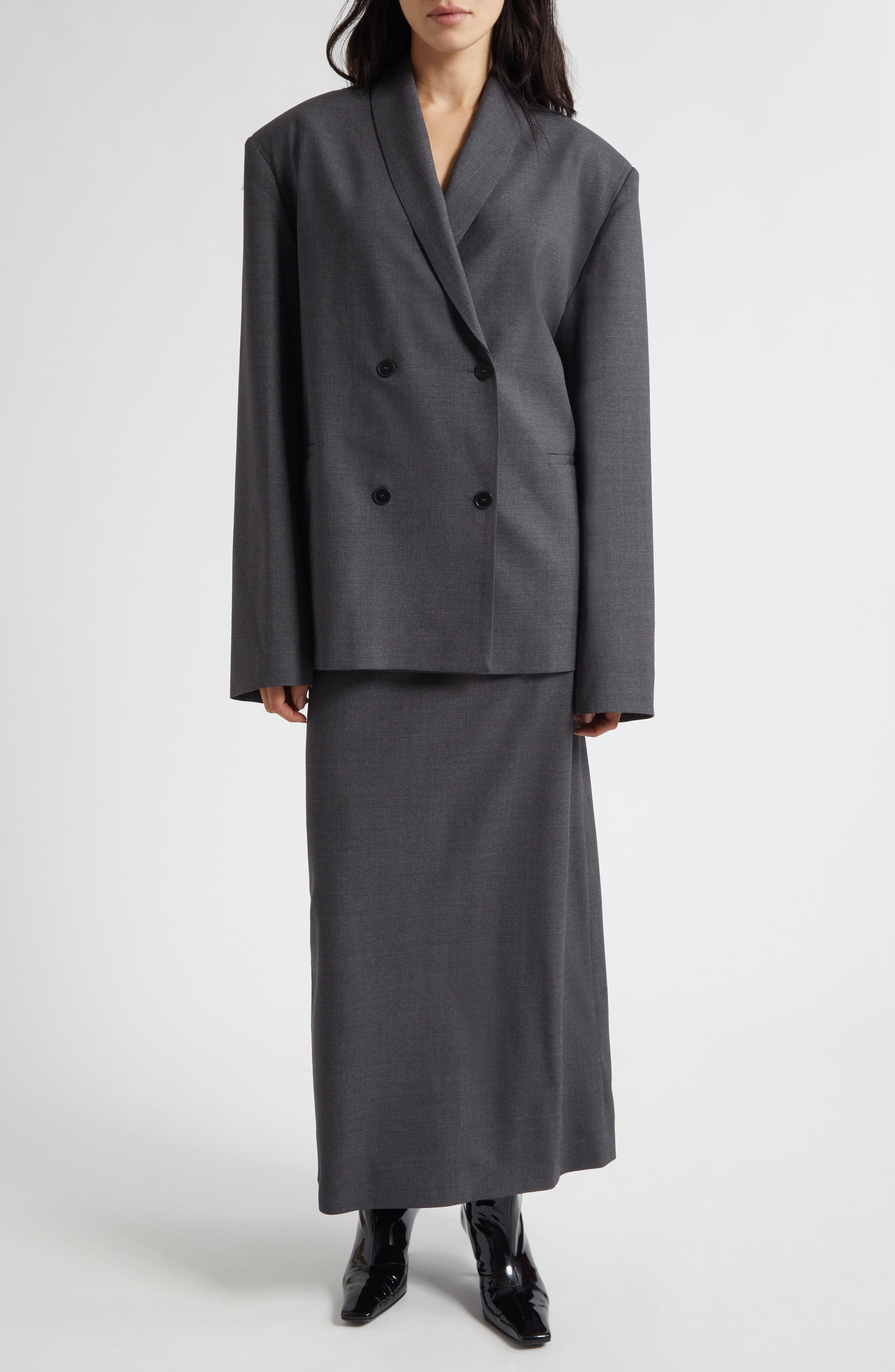 LOULOU DE SAISON Sancia Double Breasted Stretch Virgin Wool Blazer in Anthracite Melange at Nordstro - 2