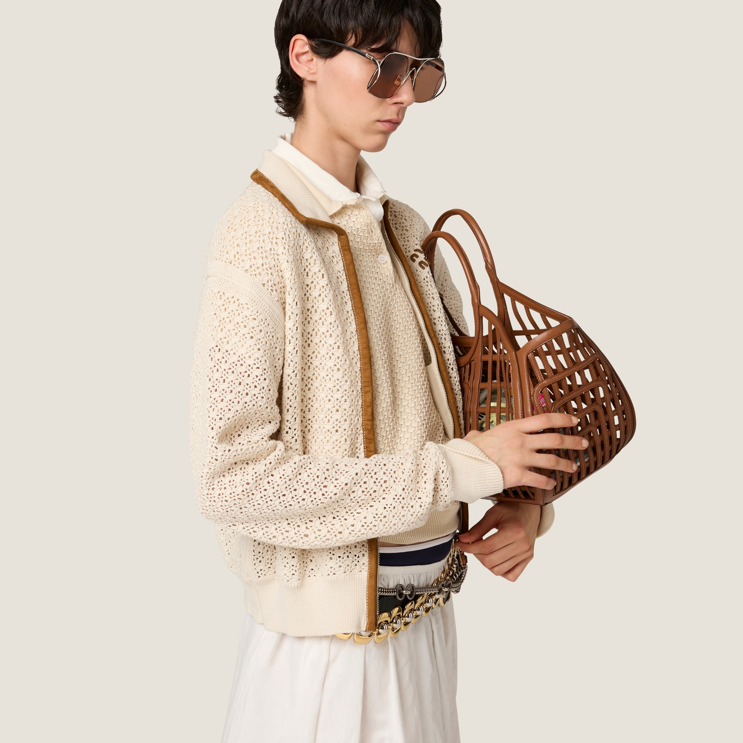 Cotton and suede cardigan - 4