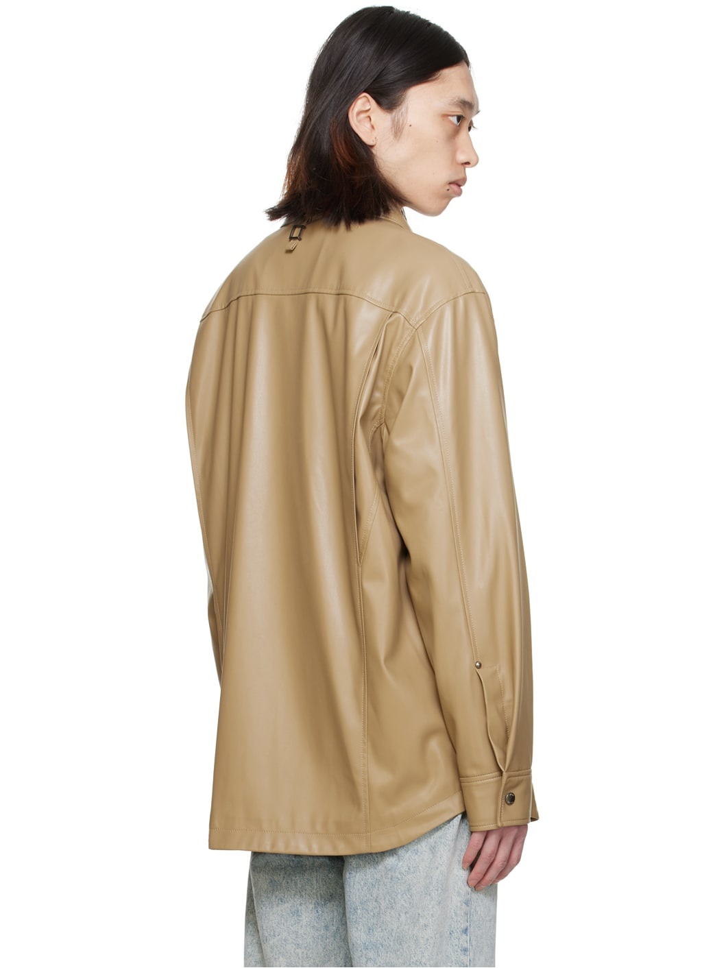 Beige Paneled Faux-Leather Shirt - 3