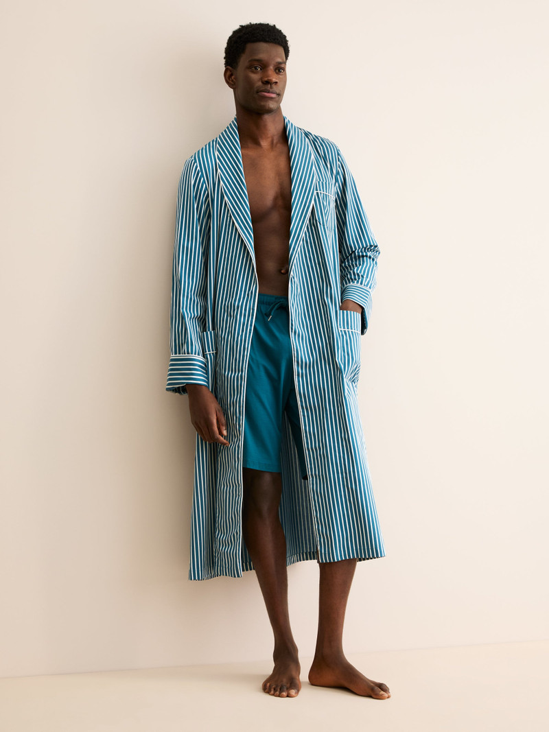 Men's Robe Royal Cotton Teal & White Stripe 5
