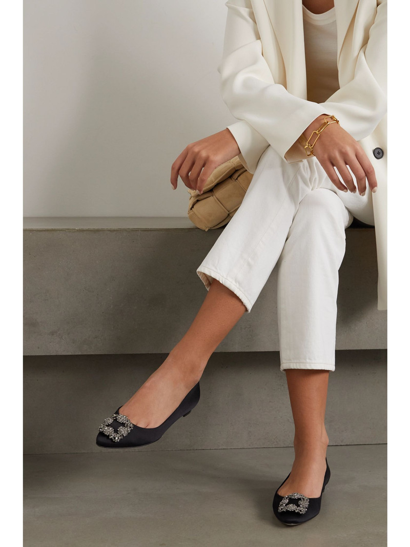 Manolo Blahnik Hangisi crystal-embellished satin point-toe flats Black outlook