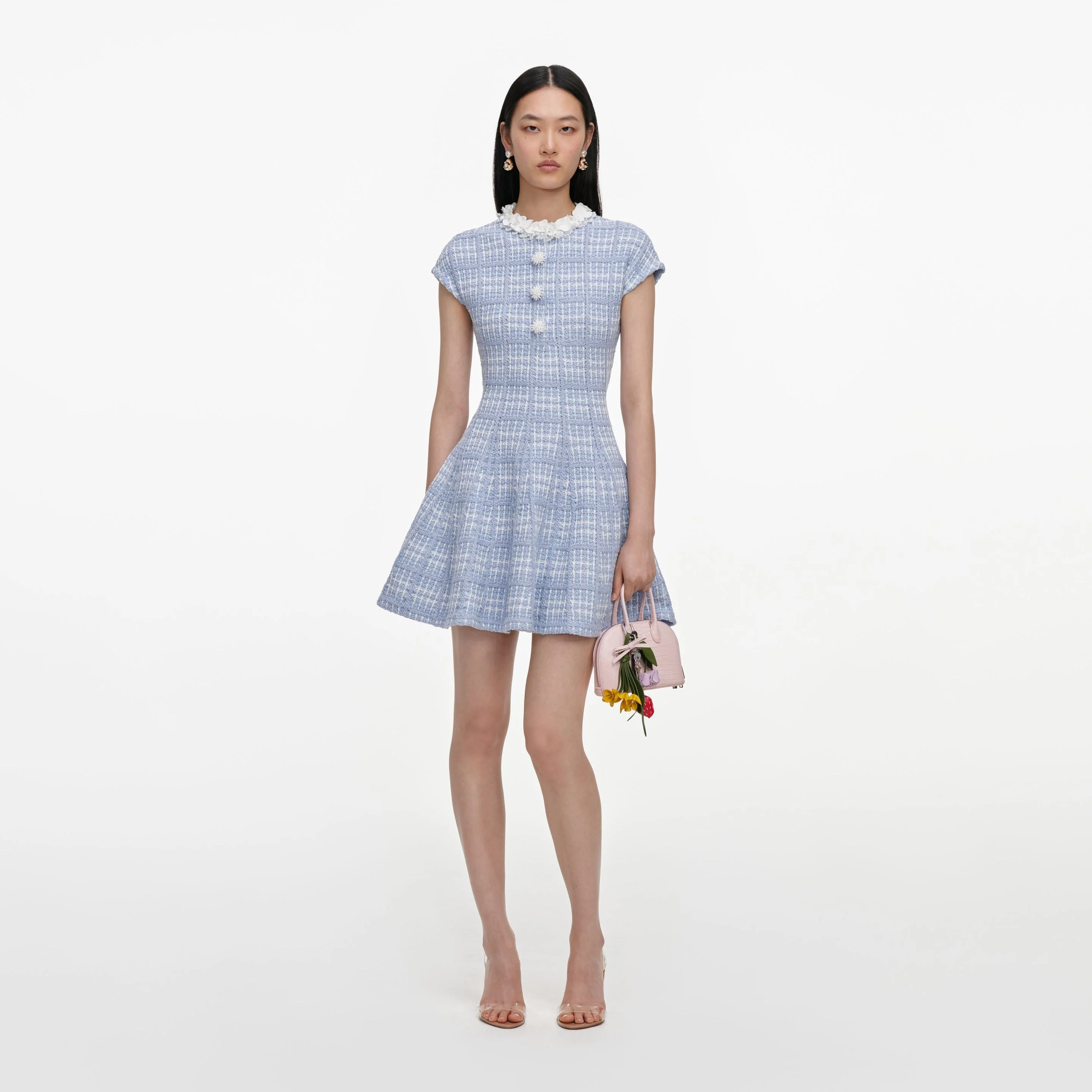 Blue Check Knit Beaded Mini Dress - 1