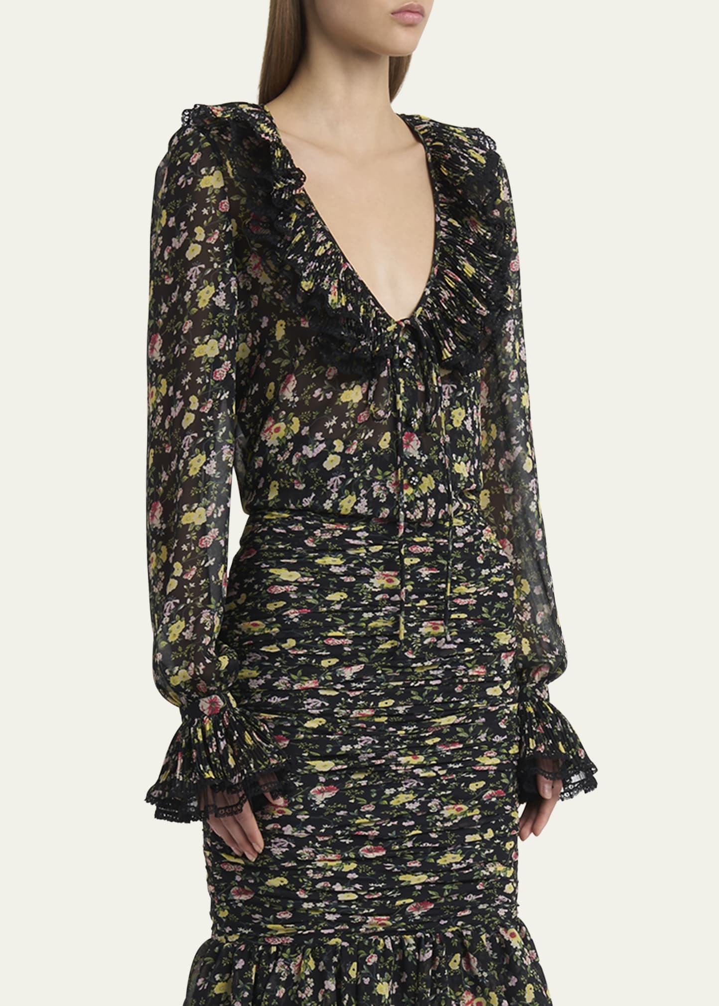 Semi Sheer Flower Print Blouse - 4