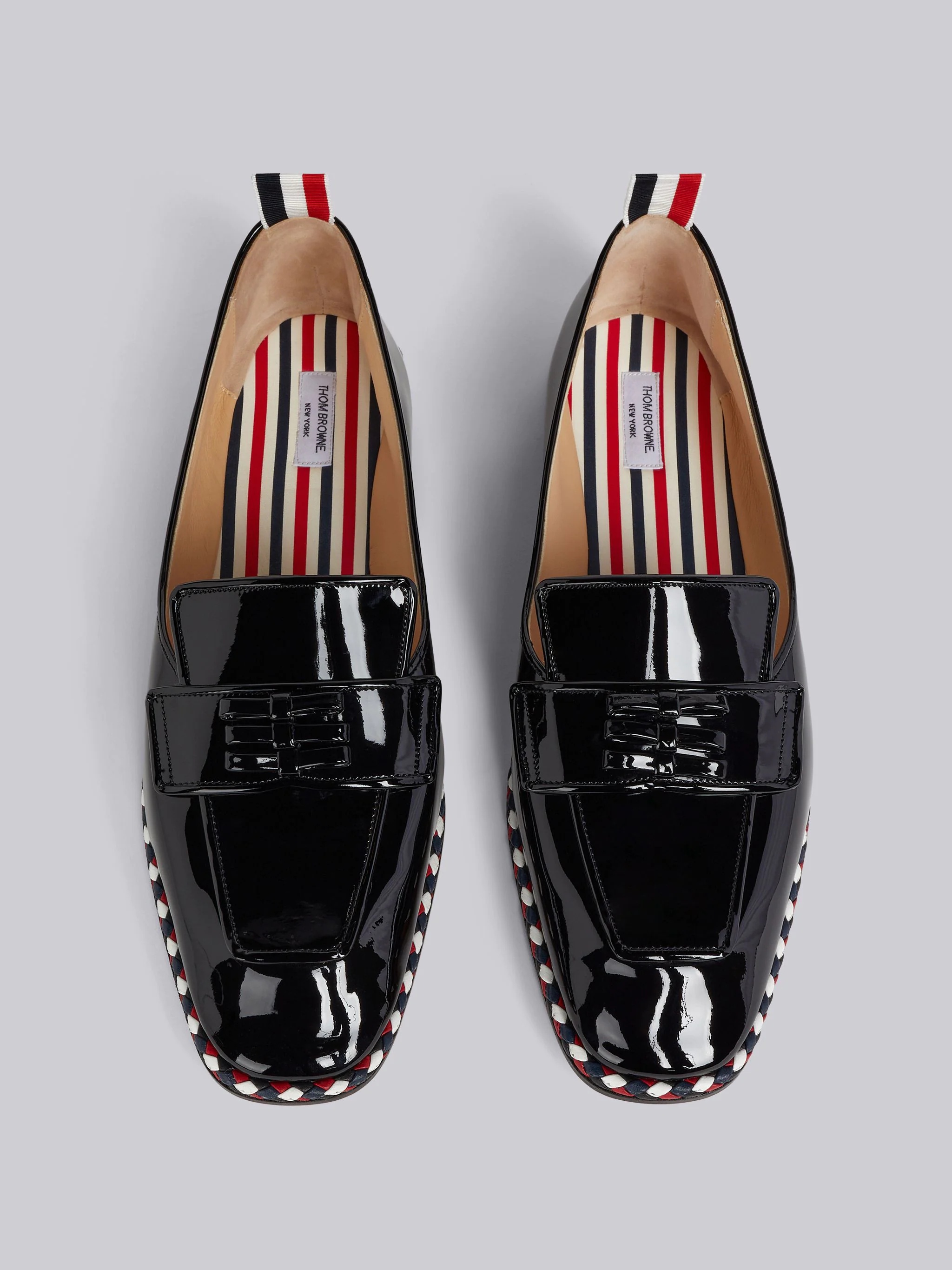 Black Soft Patent Leather Stripe Cord Trimmed Leather Sole Bow Detail Soft Loafer - 4
