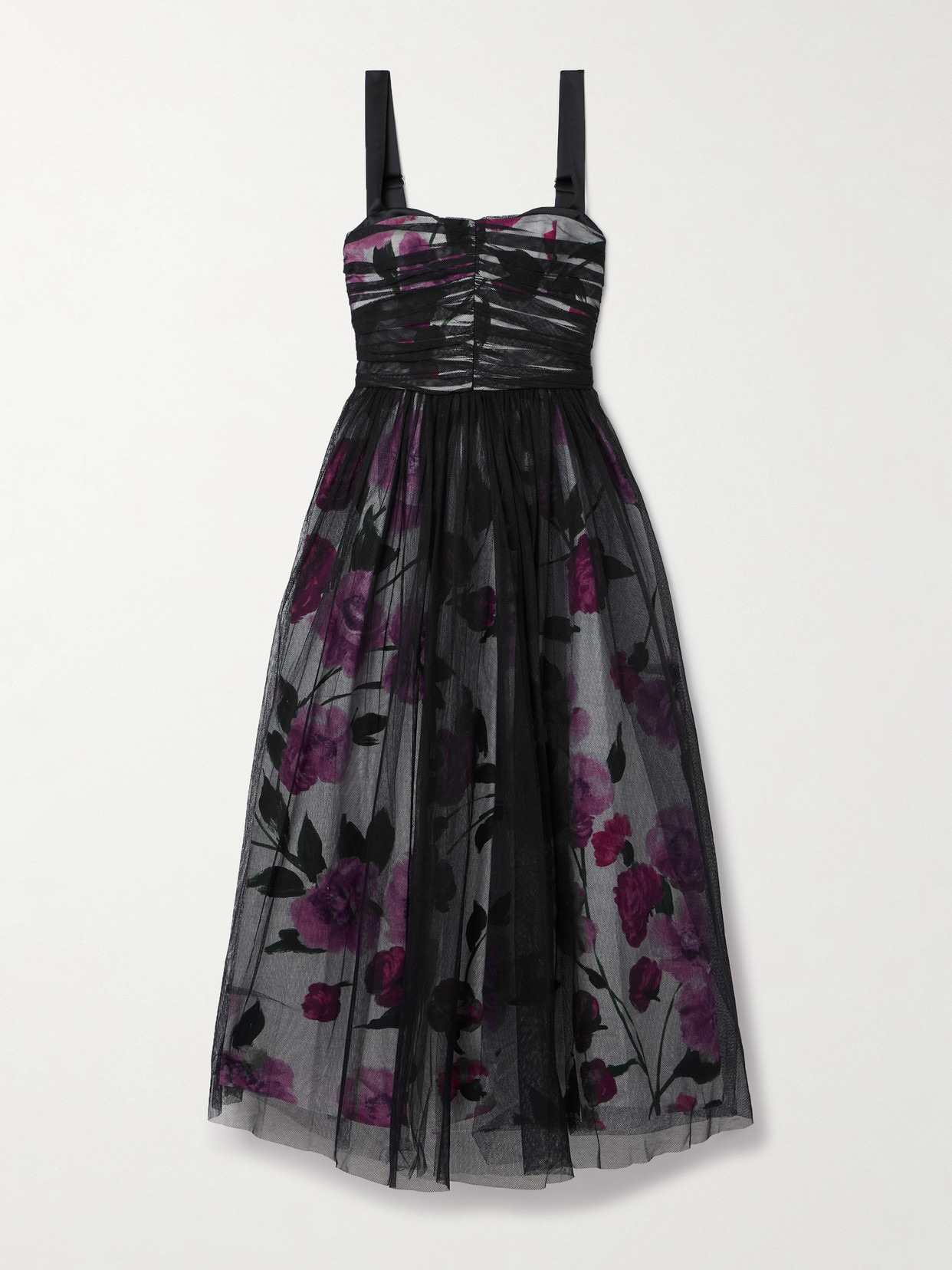 Layered Ruched Tulle And Floral-print Cotton-faille Midi Dress - 1