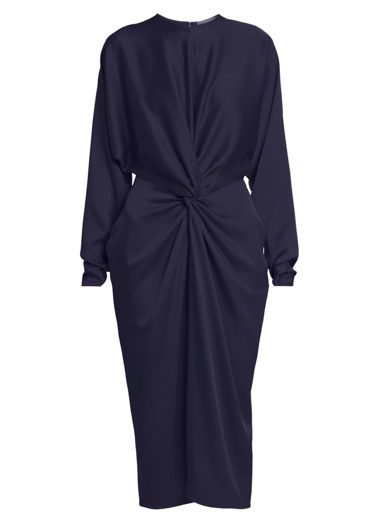 Women's Satin Twist-Front Long-Sleeve Midi-Dress - Ink 1