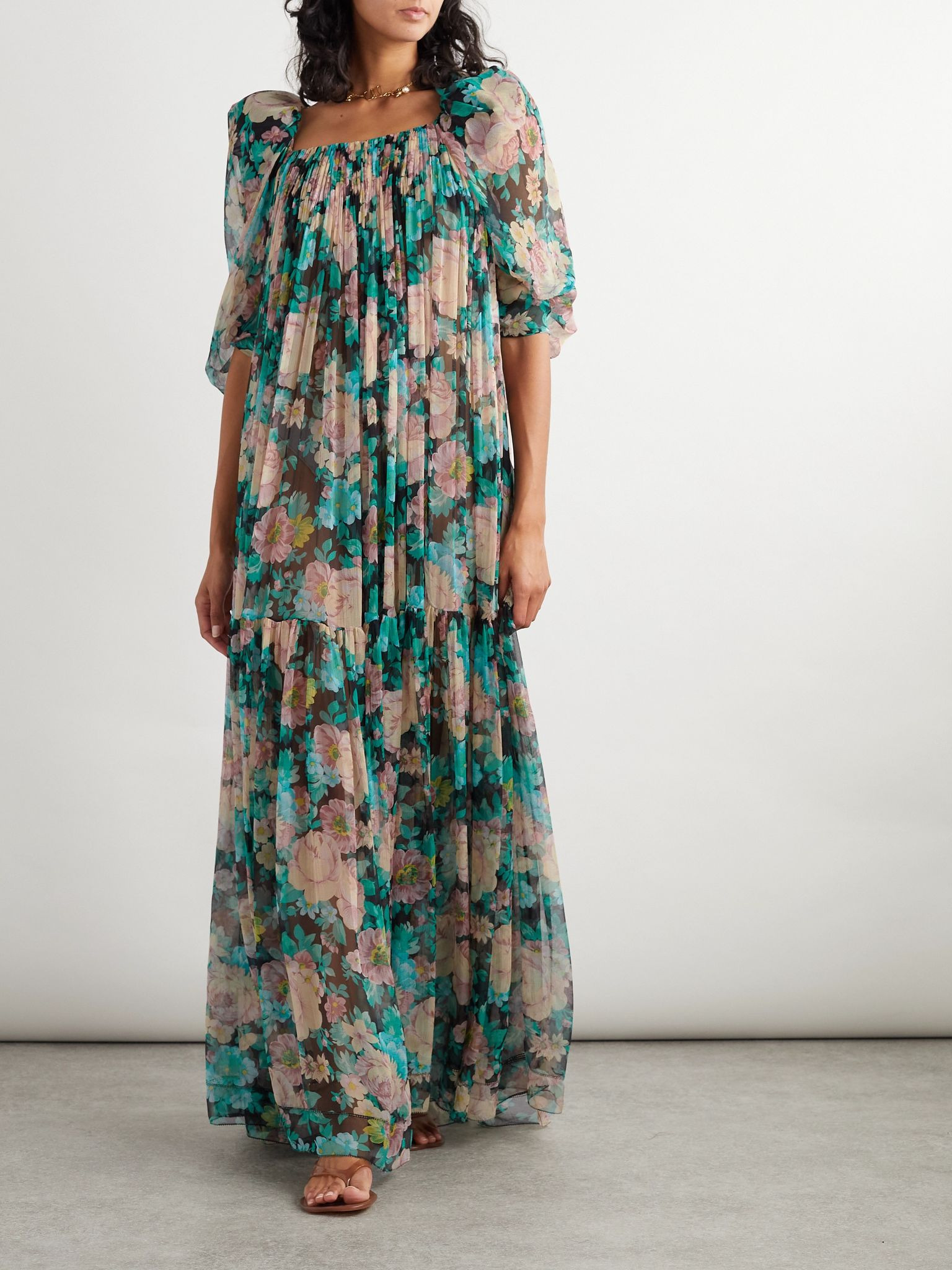 Gathered floral-print silk-muslin maxi dress Blue - 2