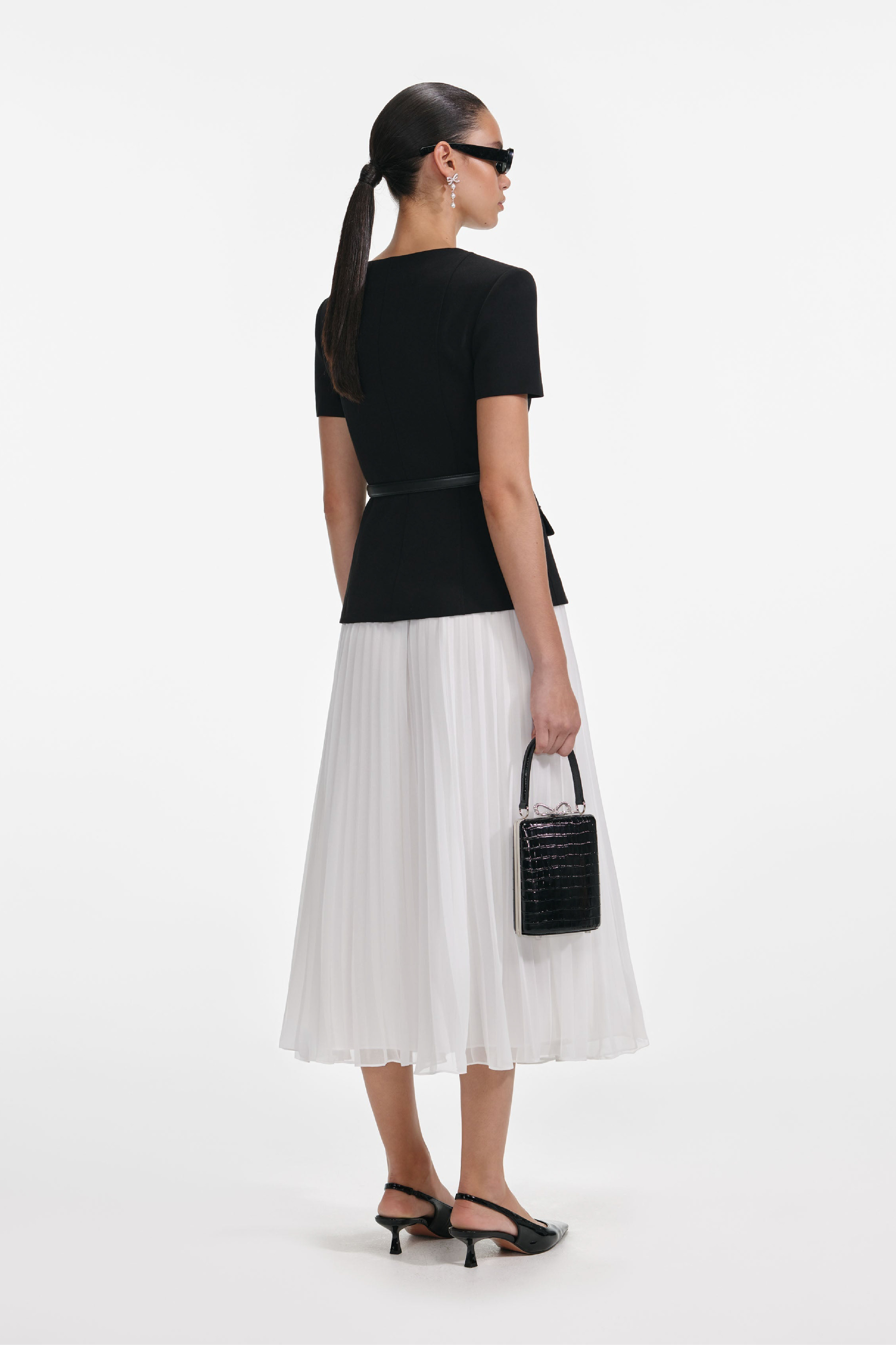 BLACK TAILORED CONTRAST CHIFFON MIDI DRESS - 3