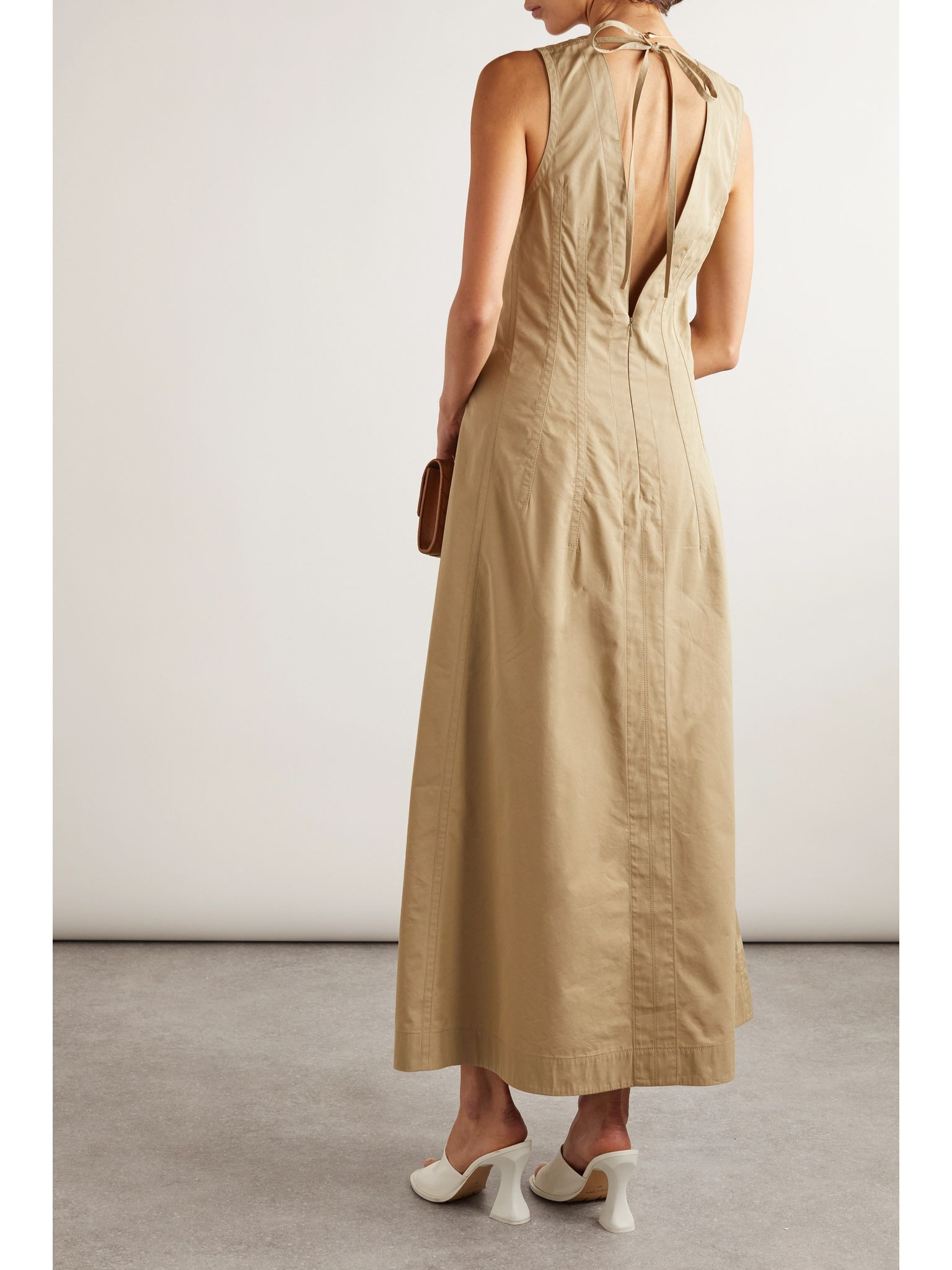 Tie-detailed cotton-blend maxi dress Beige - 3