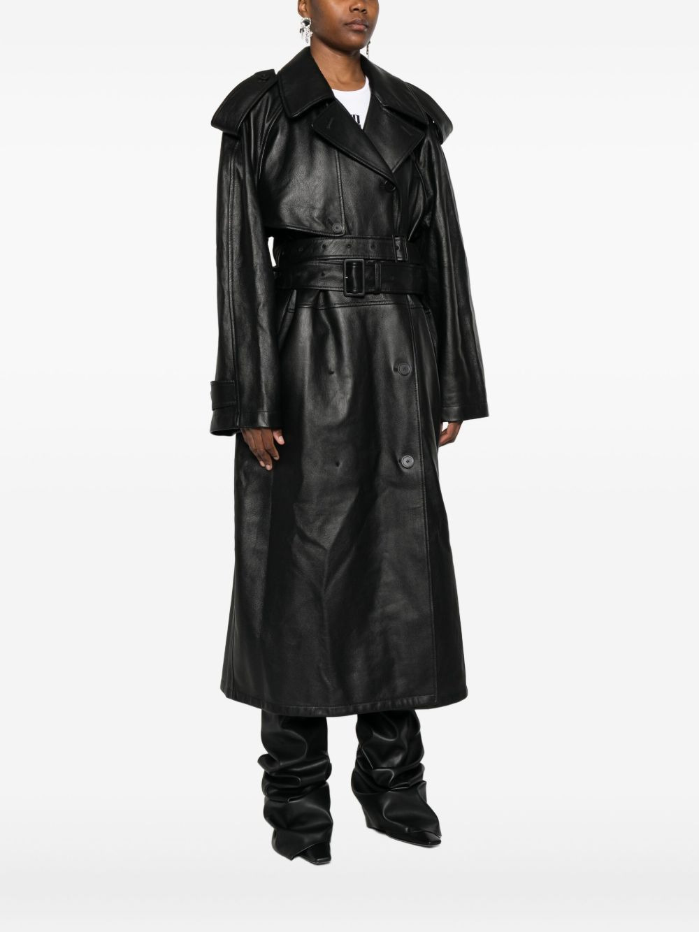 belted leather trench coat - 3