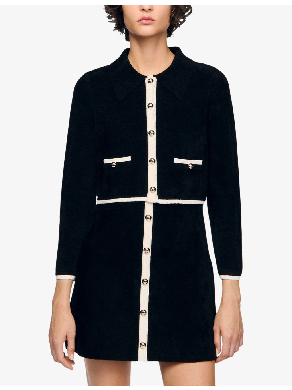 Collared Two-Tone Stretch-Knit Cardigan - 3