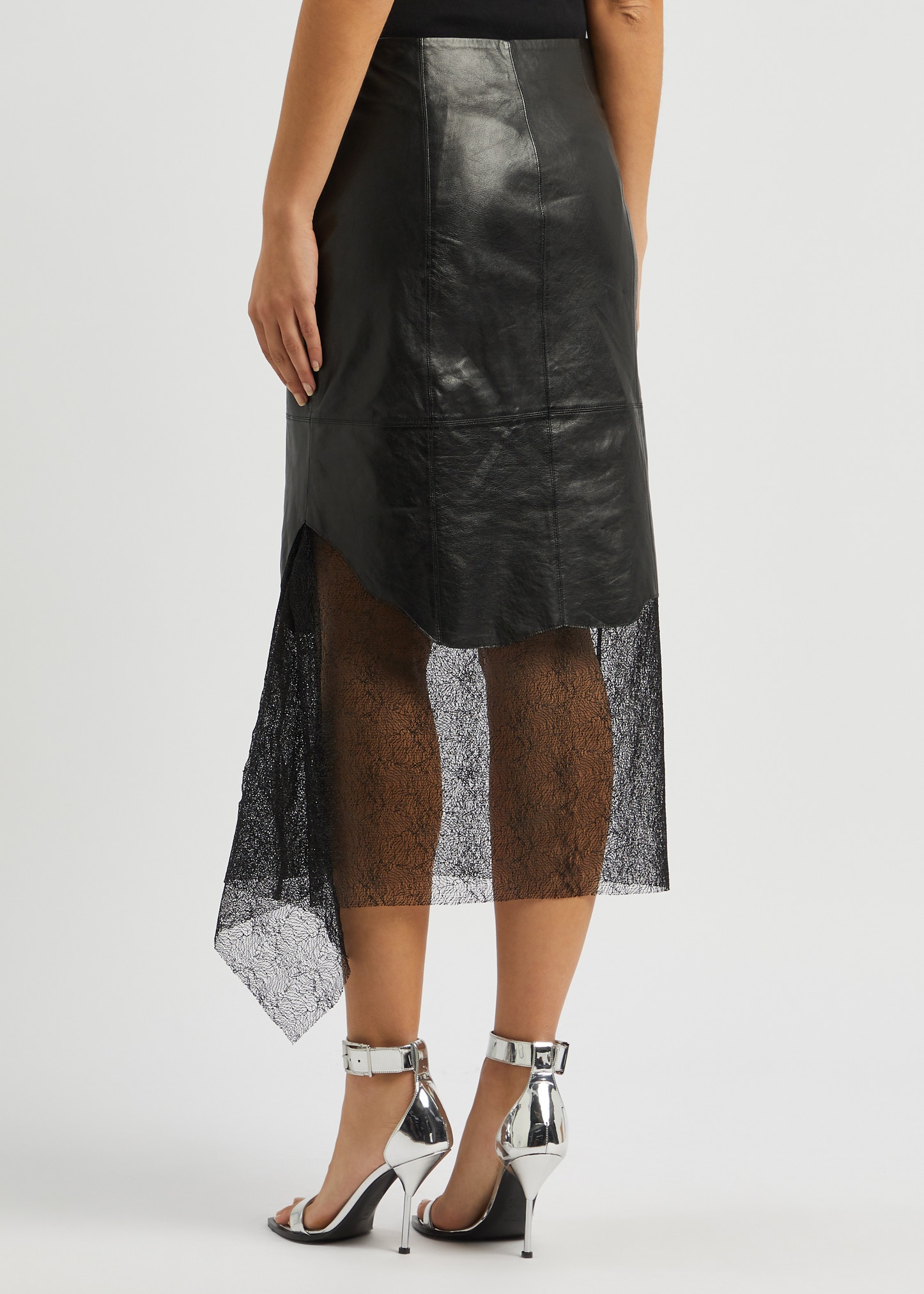 Lace-panelled leather midi skirt - 3