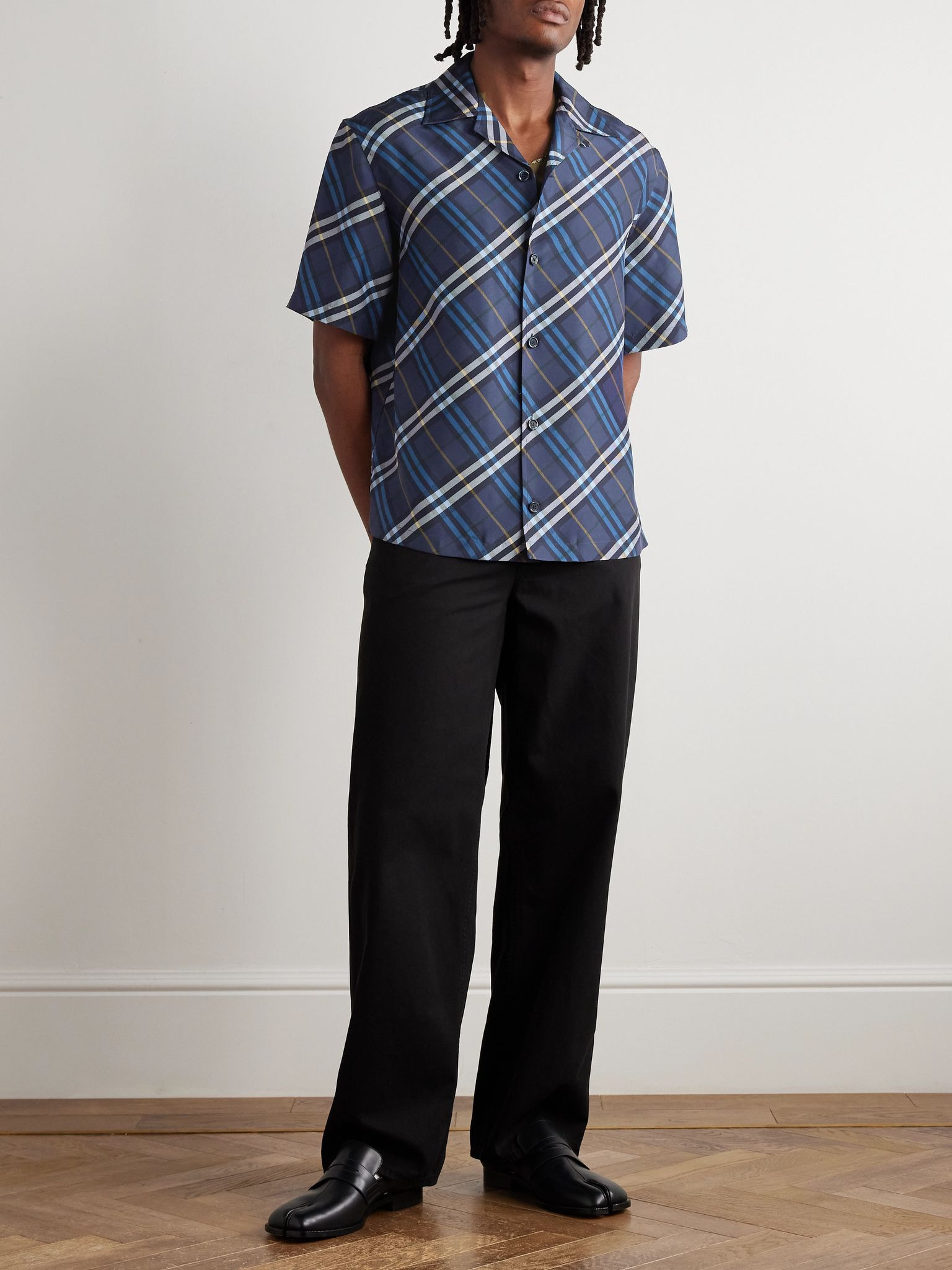 Convertible-Collar Checked Silk Shirt Navy - 2