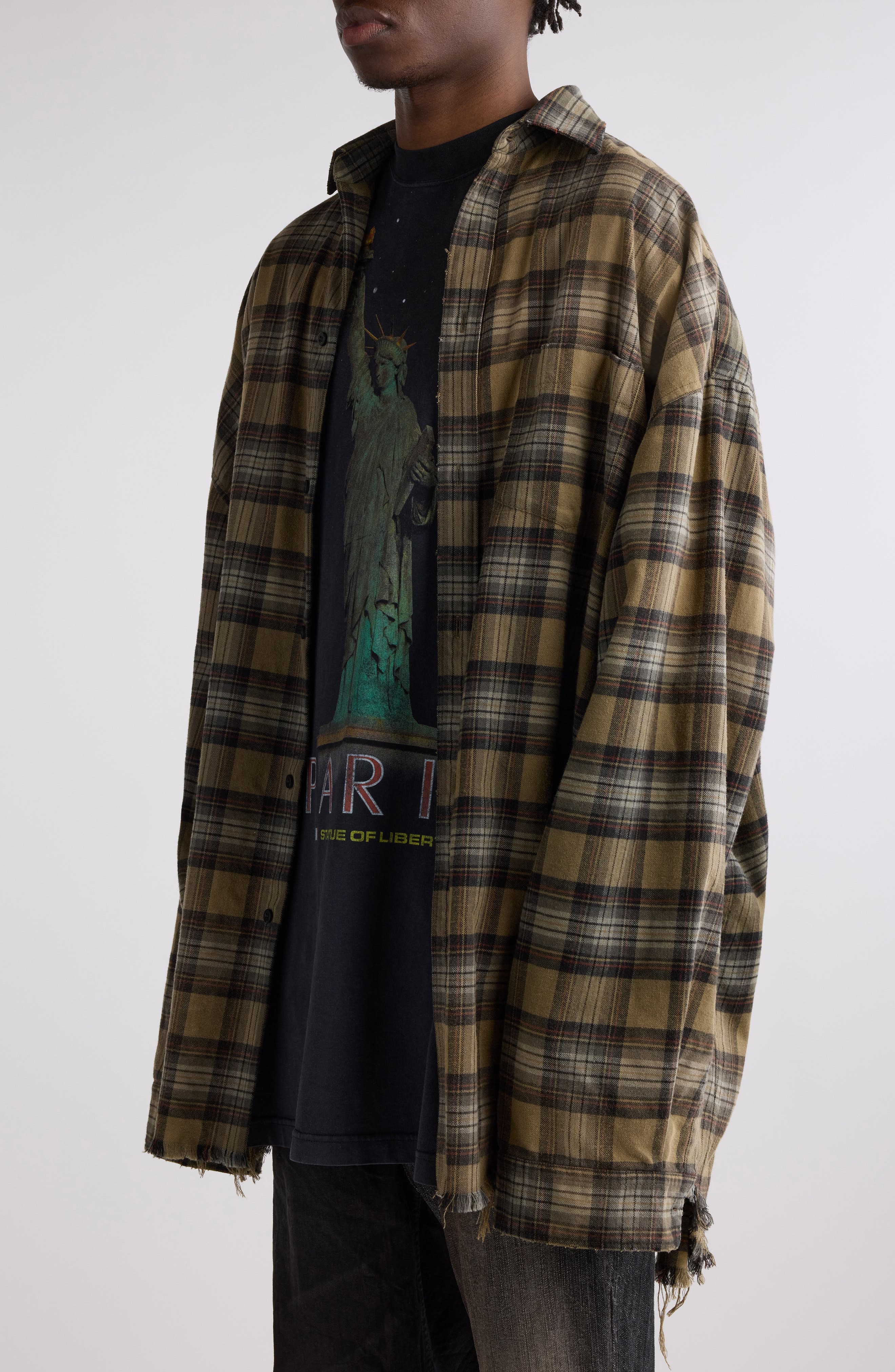 Balenciaga Layered Plaid Distressed Paris Liberty Graphic Top in Light Khaki at Nordstrom - 5