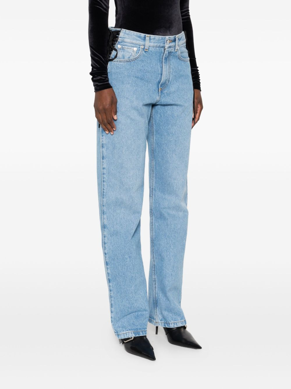 lace-up detail cotton jeans - 3