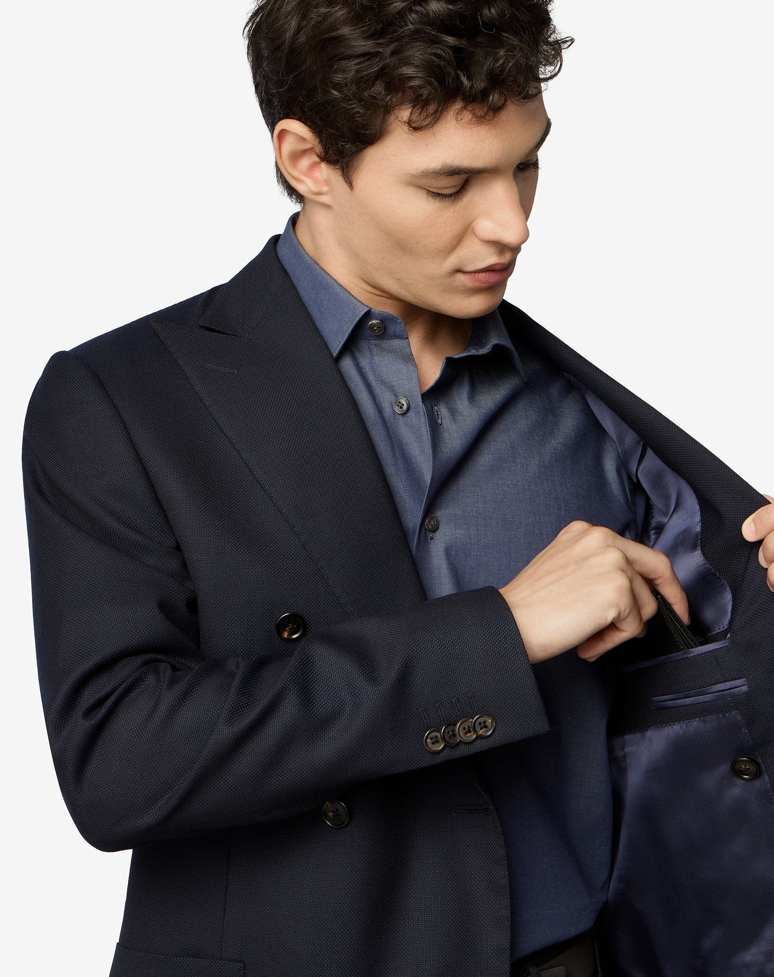 China blue double-breasted pure wool hopsack jacket - 5