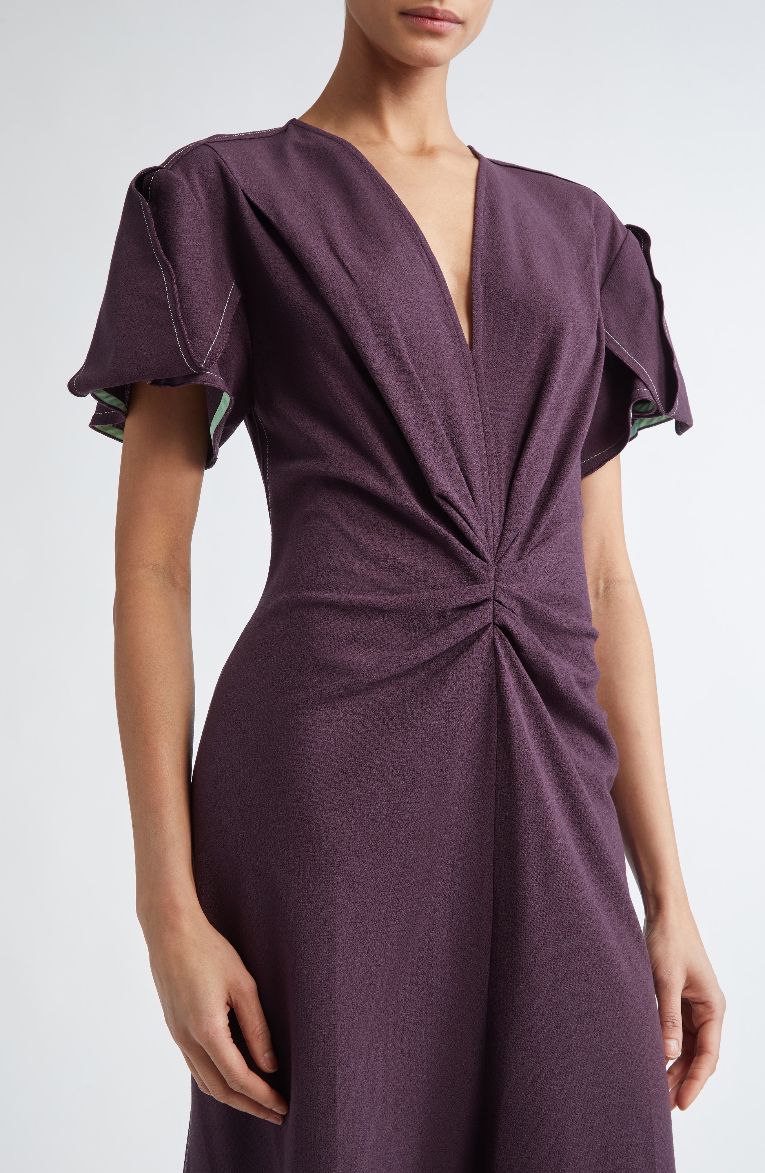 Victoria Beckham Gathered Wool Blend Crepe Midi Dress in Fig at Nordstrom - 4
