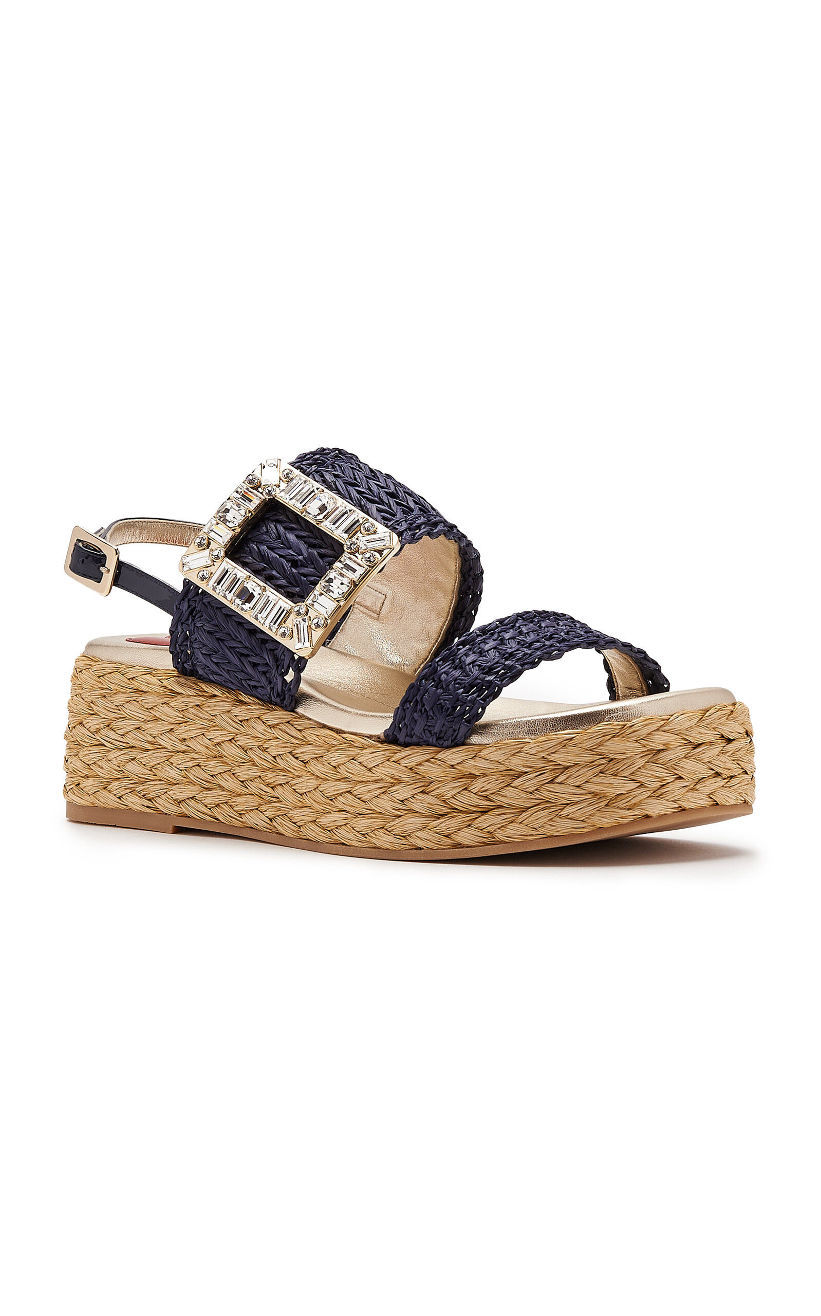 Summer Strass-Embellished Buckle Raffia Platform Sandals navy - 4