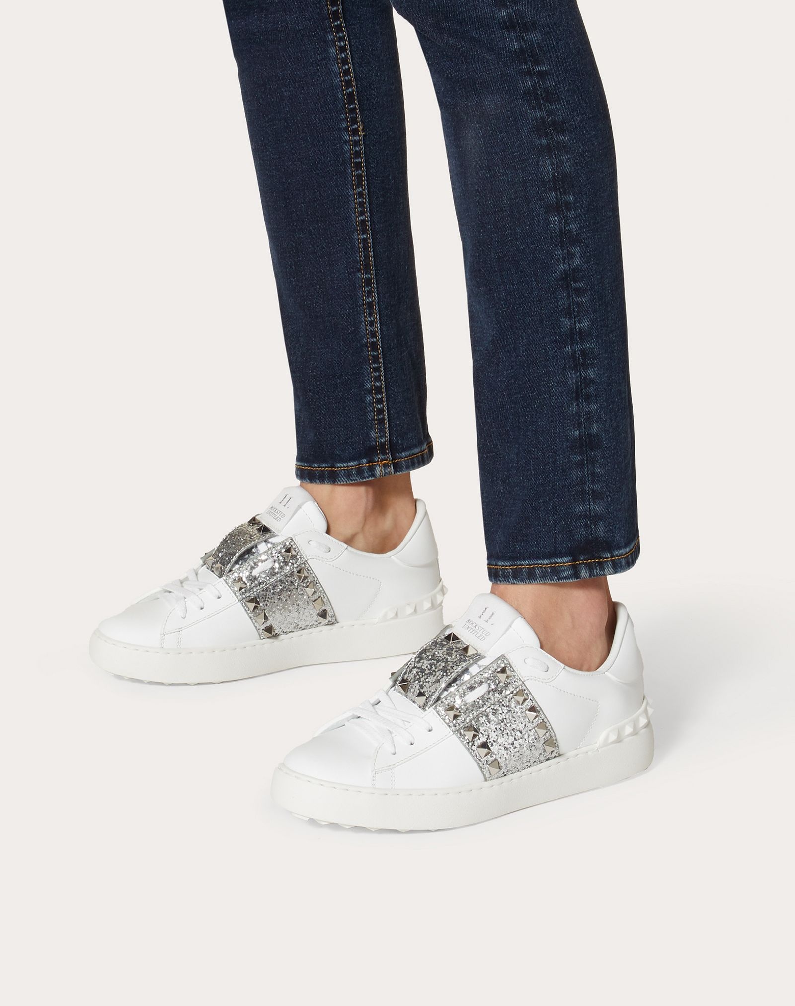 Rockstud Untitled Sneaker in Calfskin Leather with Glitter Stripe - 6