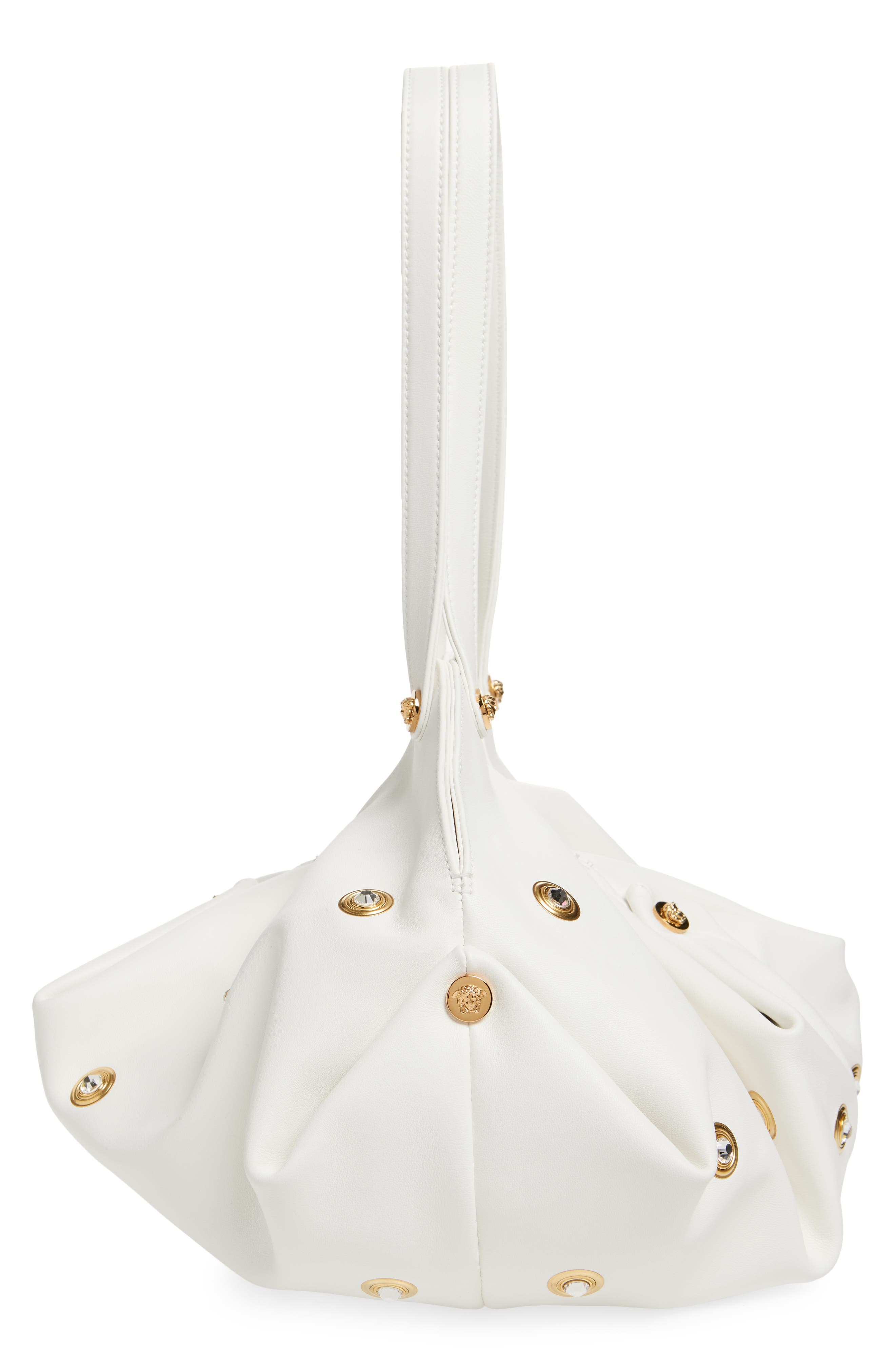Versace Protea Crystal Stud Leather Shoulder Bag in Porcelain White Gold at Nordstrom - 6