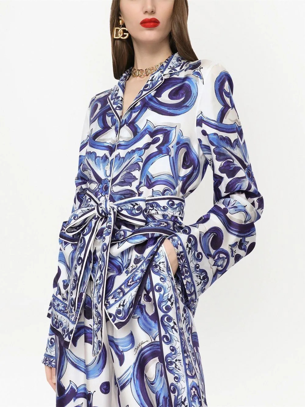 Majolica-print belted silk shirt - 5