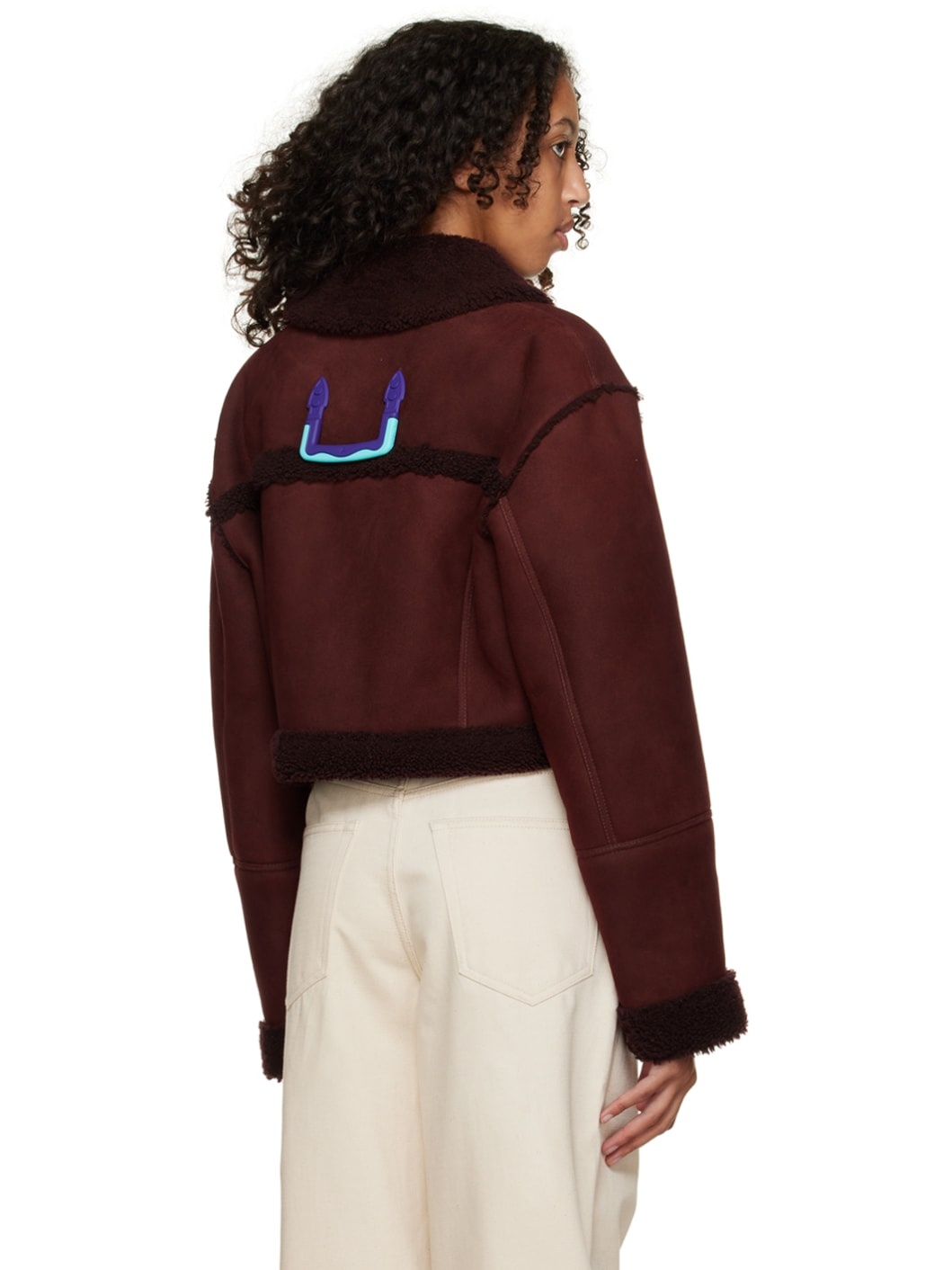 Burgundy Cropped Shearling Jacket - 3