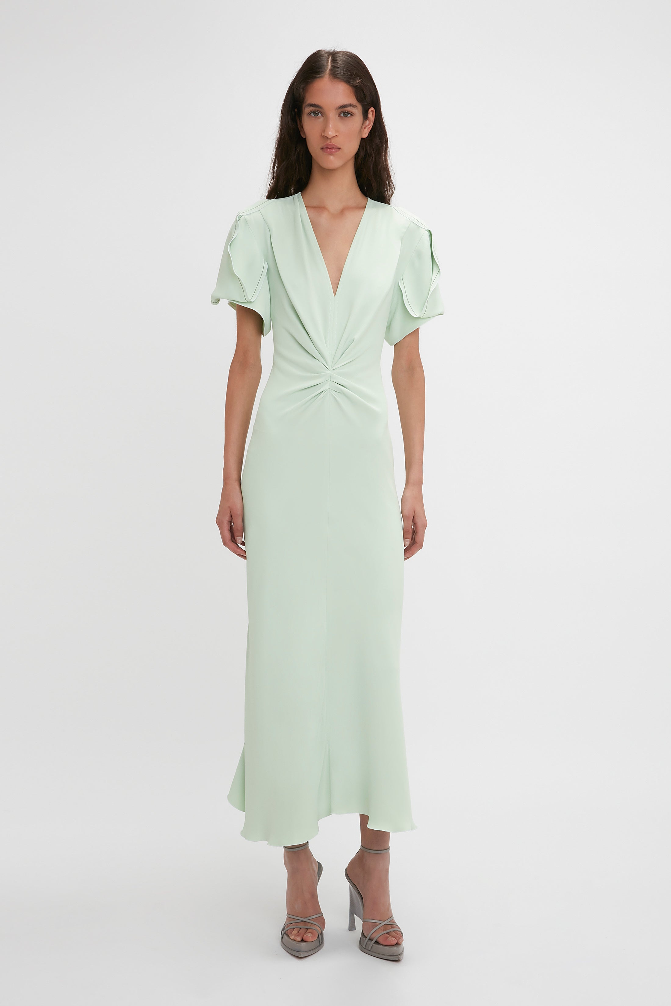 Gathered V-Neck Midi Dress In Jade - 2