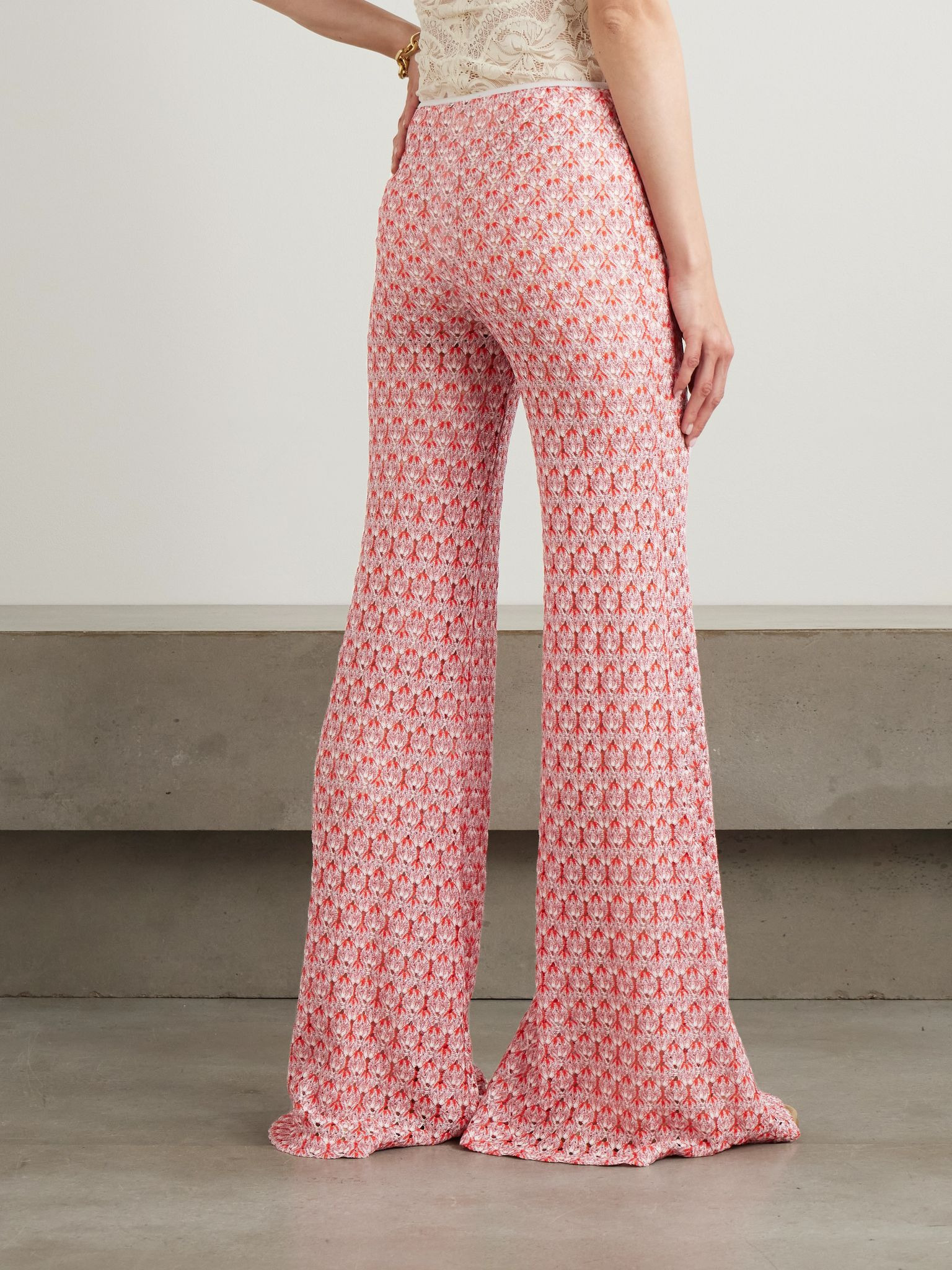 Metallic crochet-knit flared pants Red - 3
