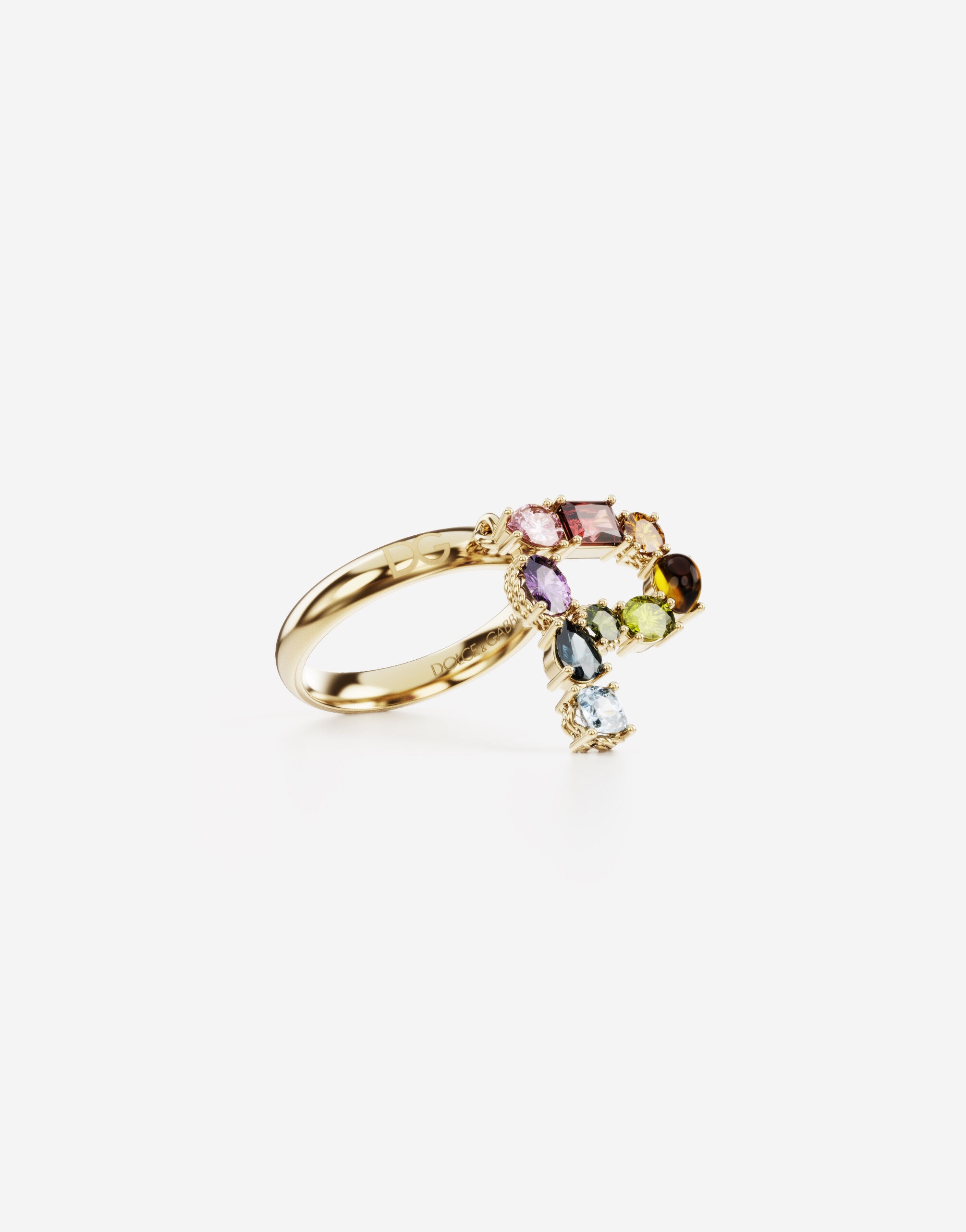 Rainbow alphabet P ring in yellow gold with multicolor fine gems - 2