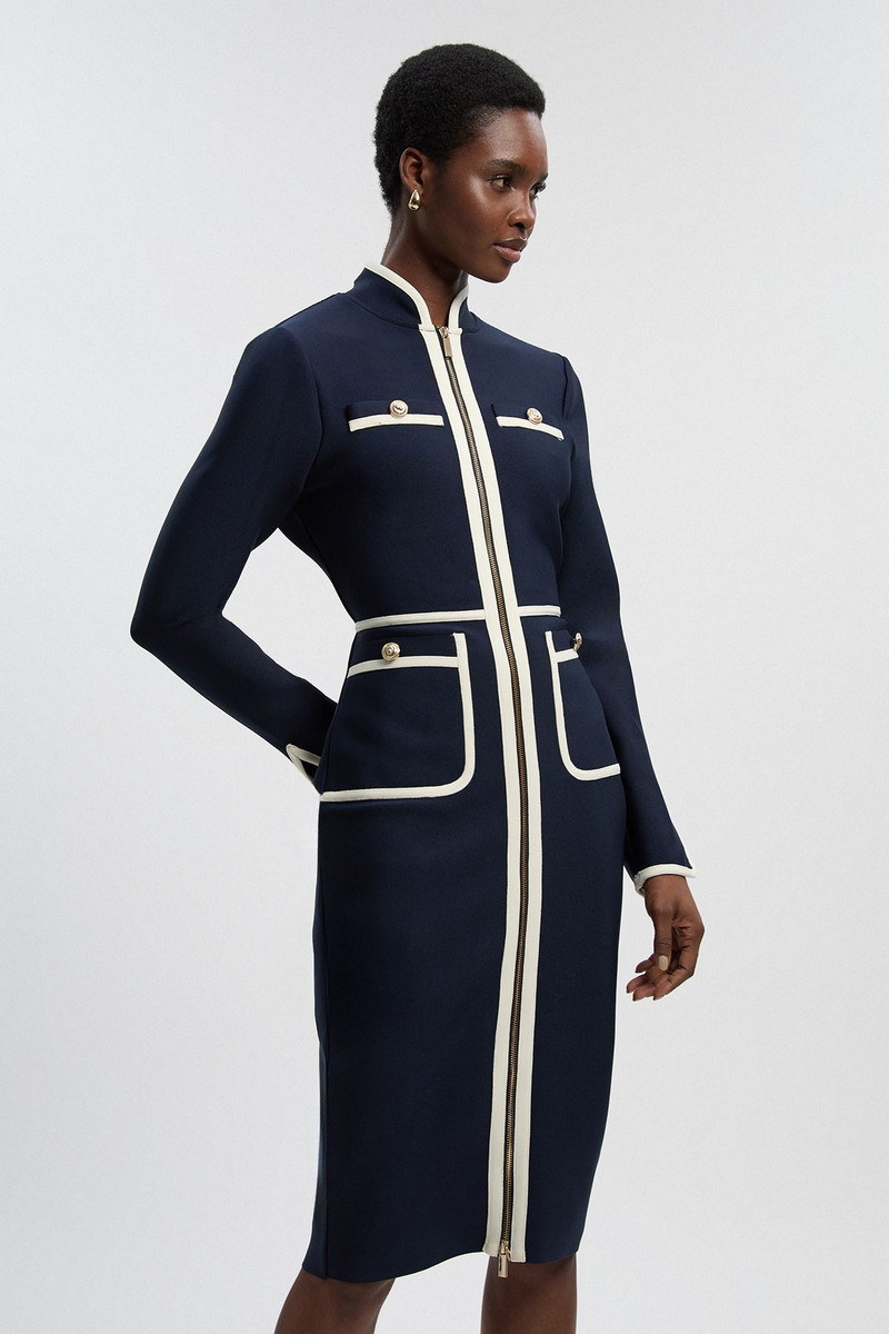 KAREN MILLEN Figure Form Bandage Knit Piping Detail Military Midi Dress outlook