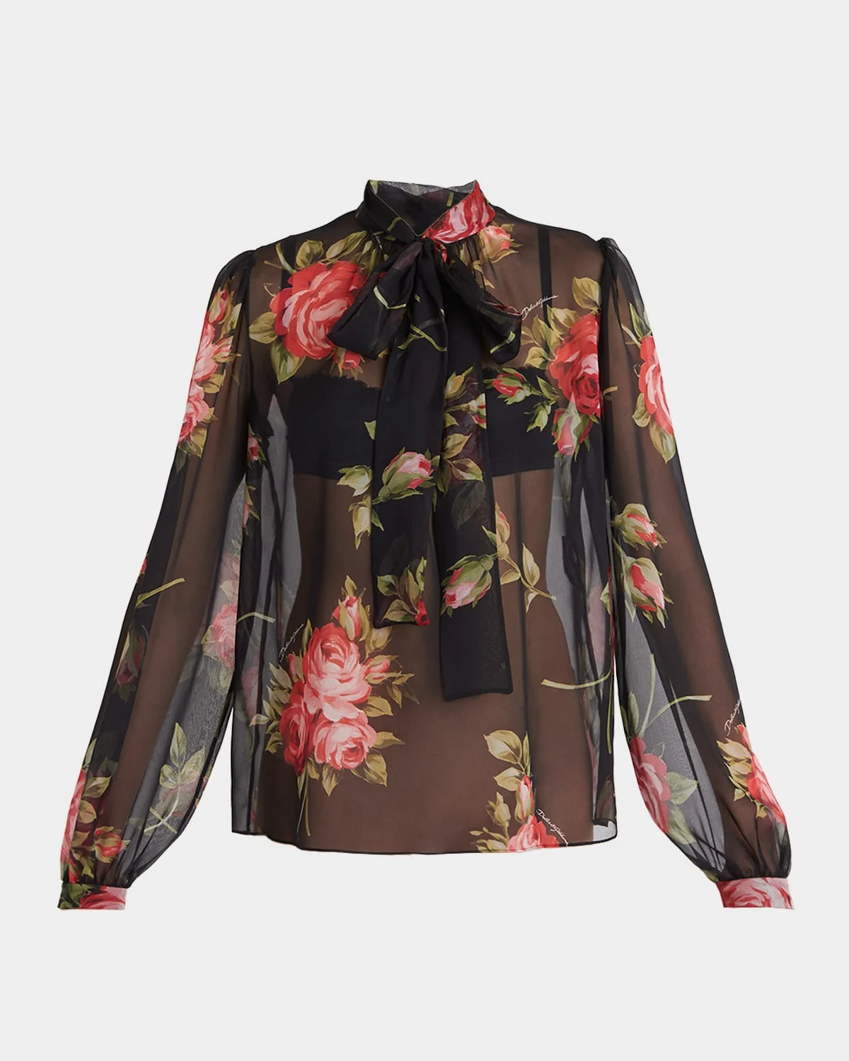 Rose Bouquet-Print Silk Chiffon Neck-Tie Blouse - 1