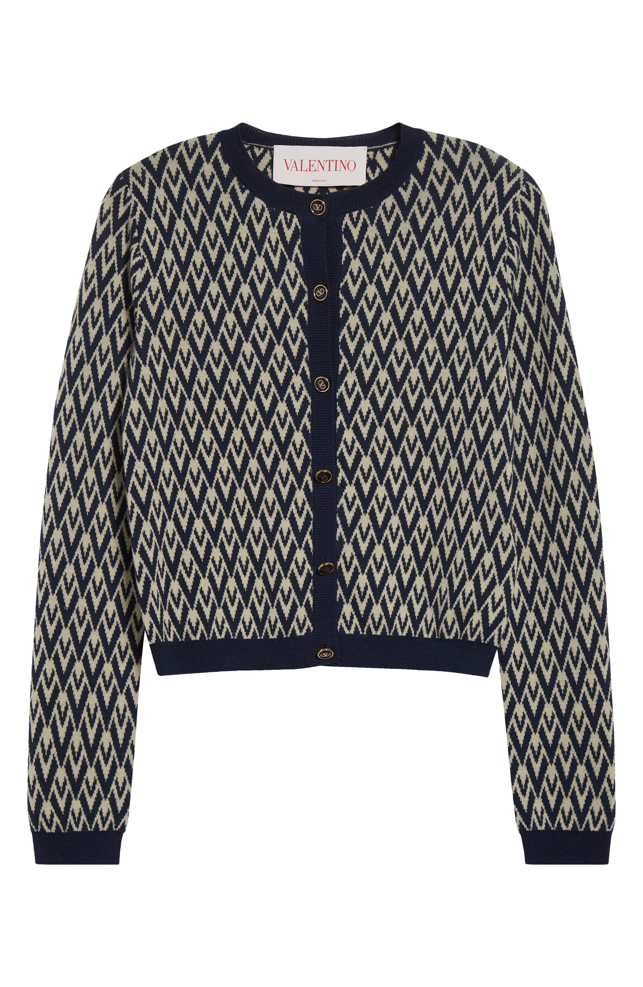 Valentino Garavani Toute La V Jacquard Virgin Wool Cardigan in Navy/Cream at Nordstrom - 6