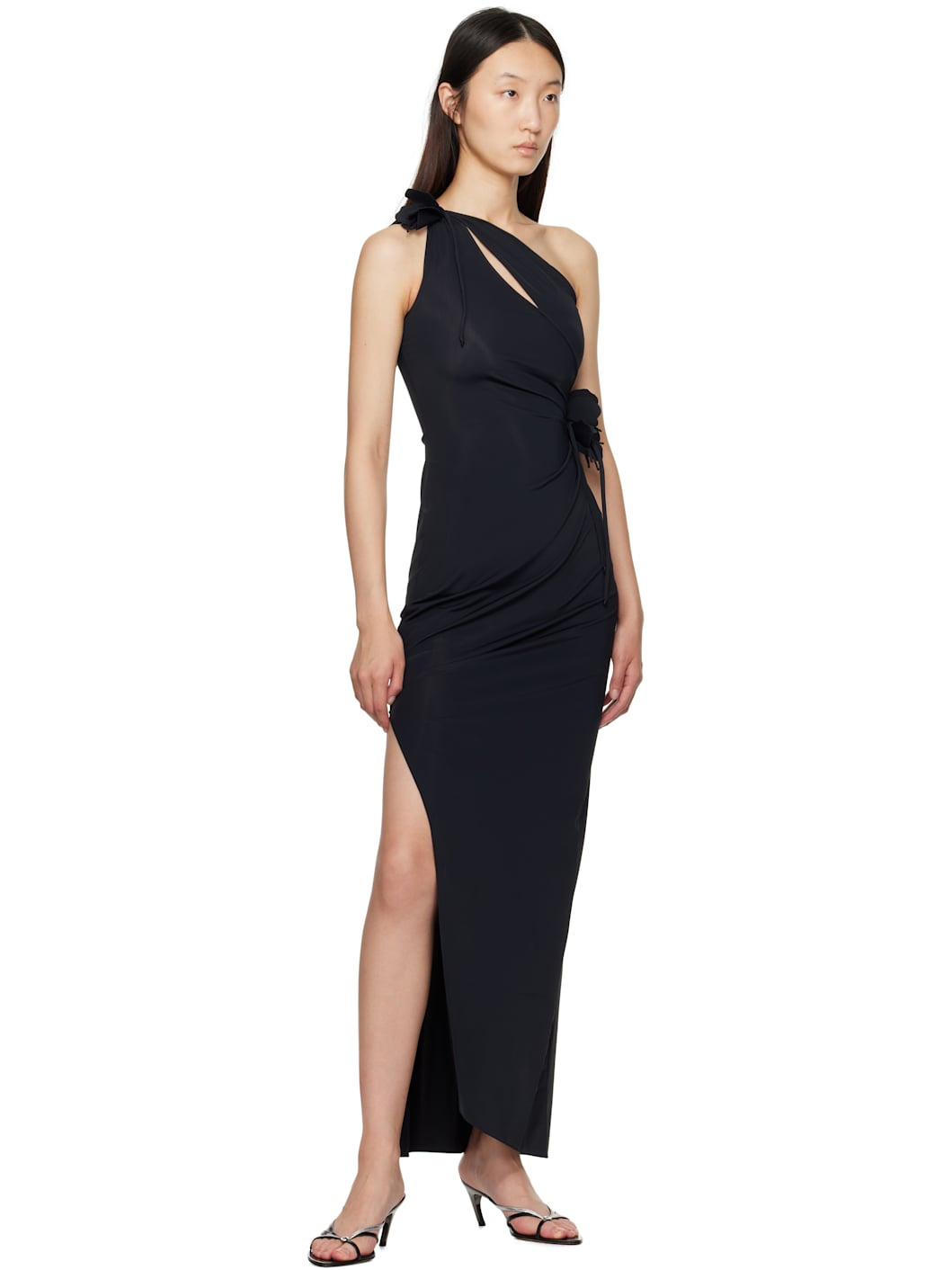 Black Asymmetric Flower Maxi Dress - 4