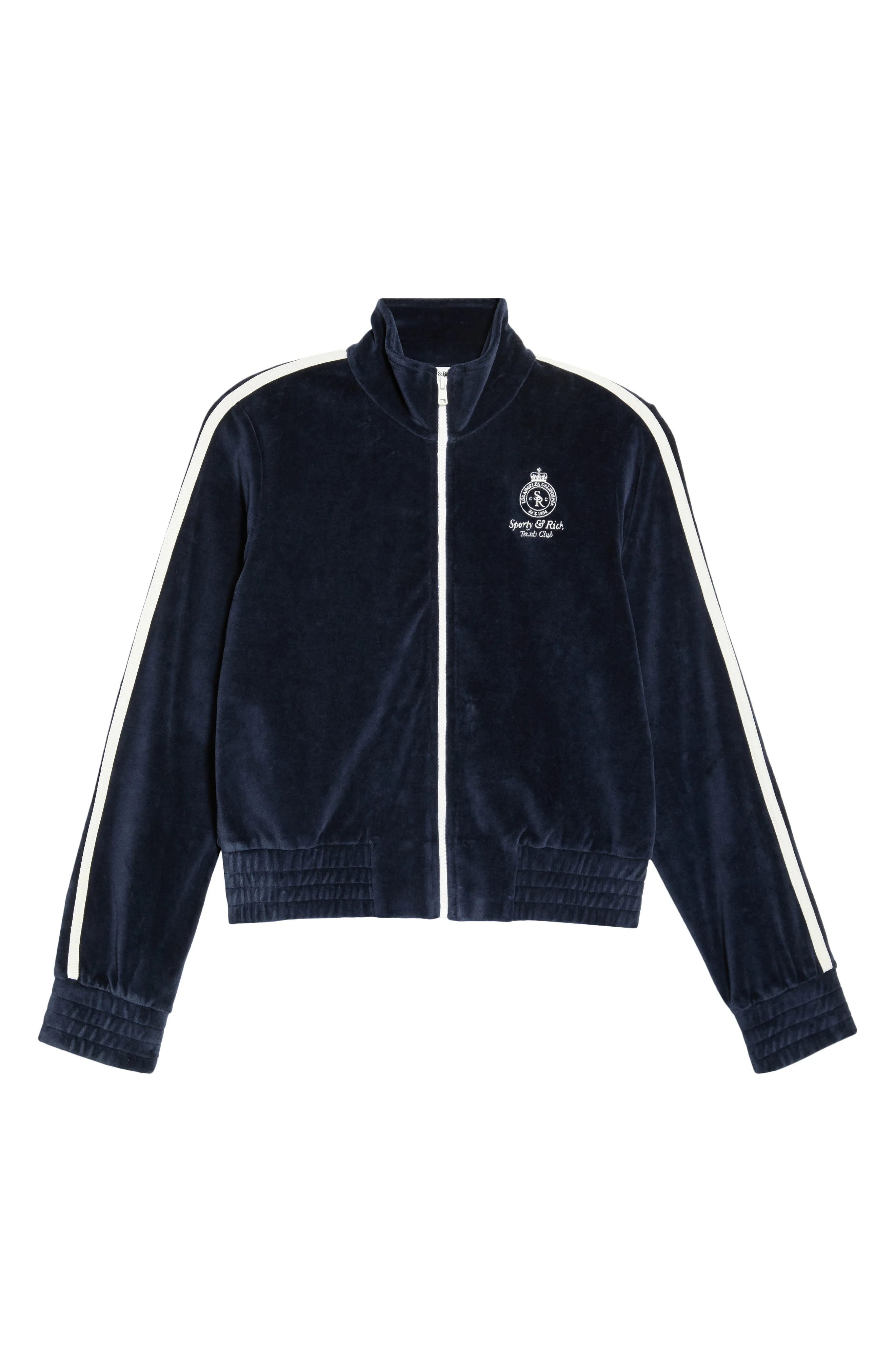 Sporty & Rich Elio Crown Tennis Cotton Velour Track Jacket in Dark Navy/Ecru at Nordstrom - 1