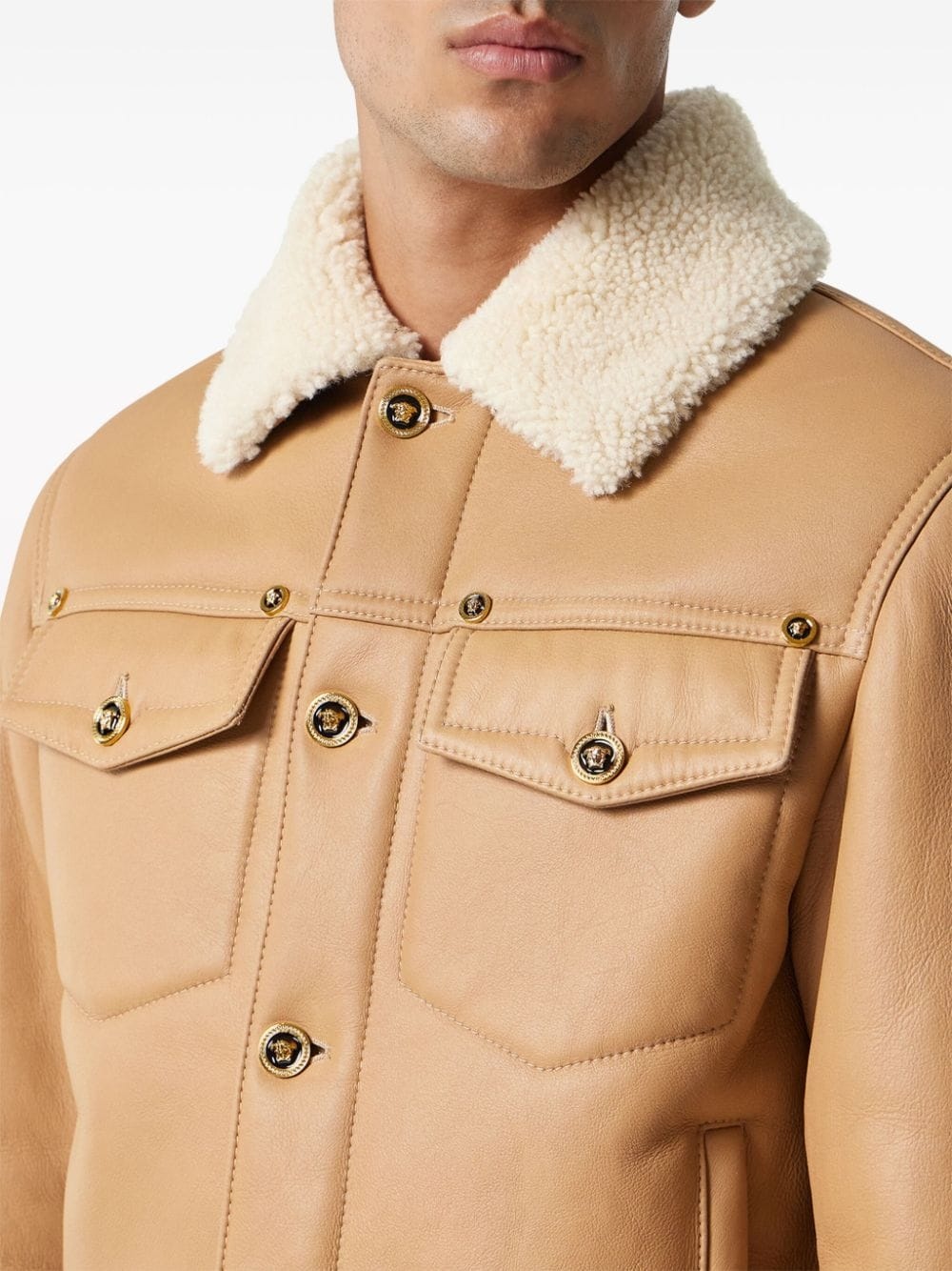 shearling-collar panelled leather jacket - 5