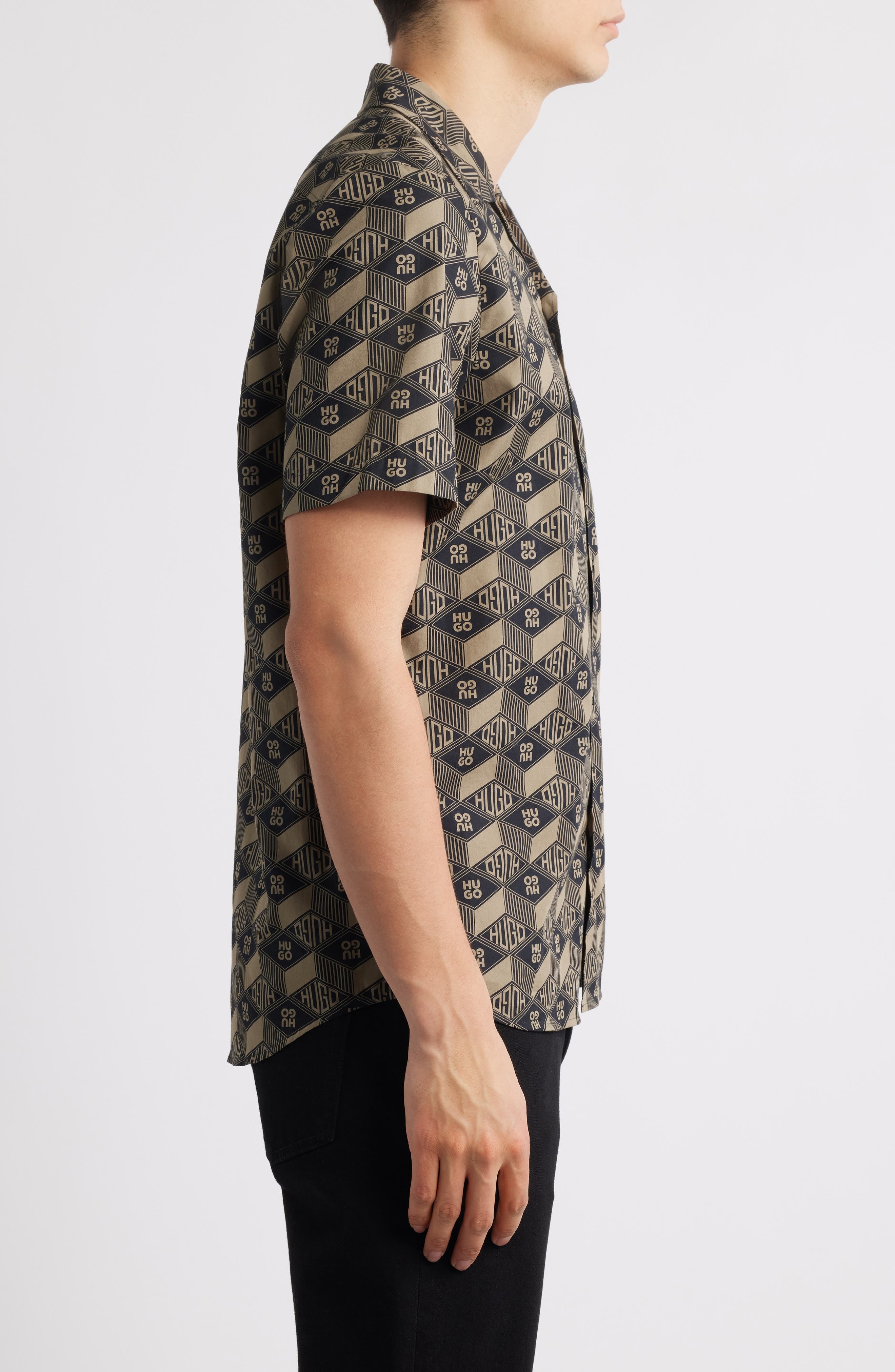 HUGO Ellino Logo Print Camp Shirt in Black at Nordstrom - 3